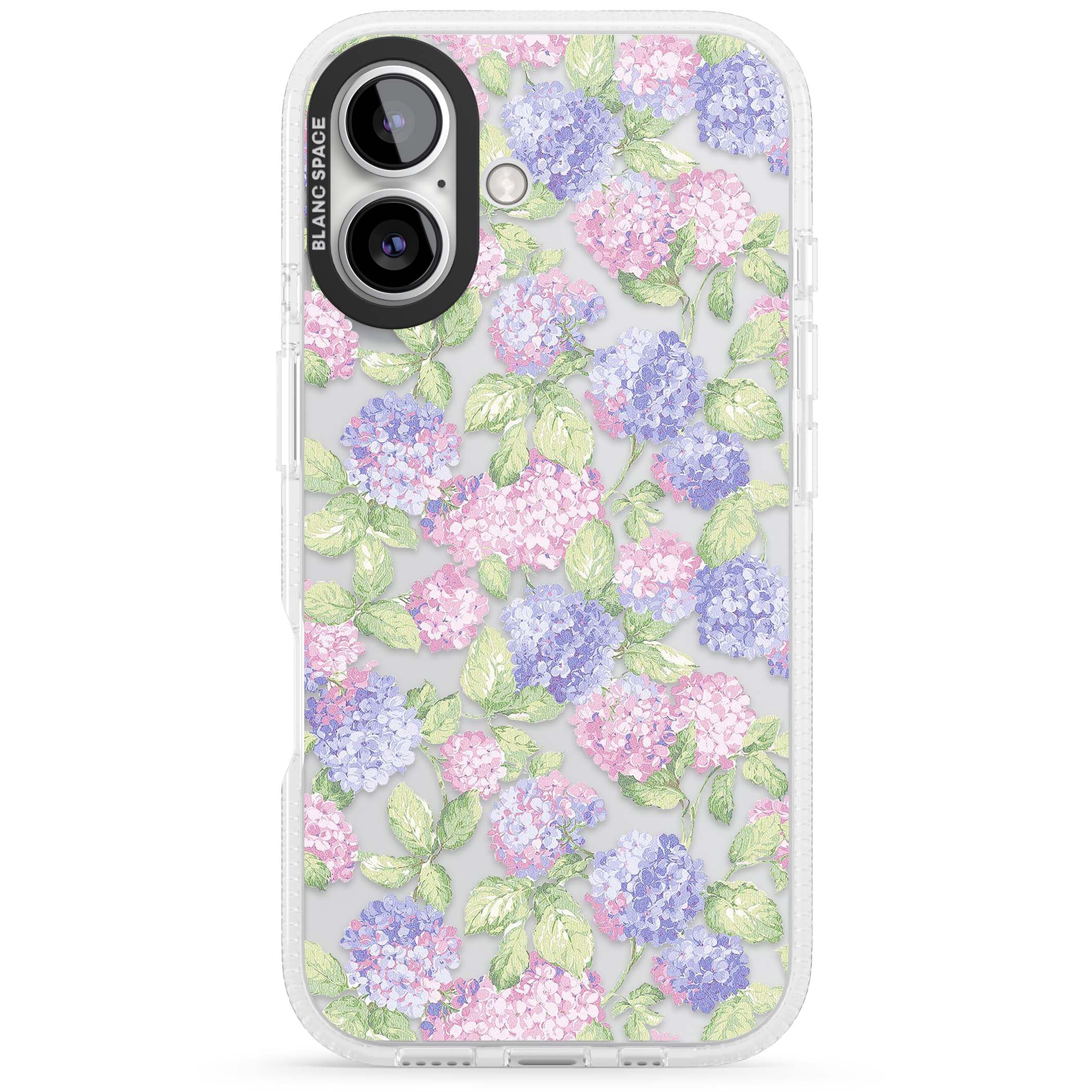 Cottage Hydrangea cottagecore iPhone case featuring pink and purple hydrangea blooms with green leaves on a clear background | Clear Case Impact Air case for iPhone 16, iPhone 16 Plus