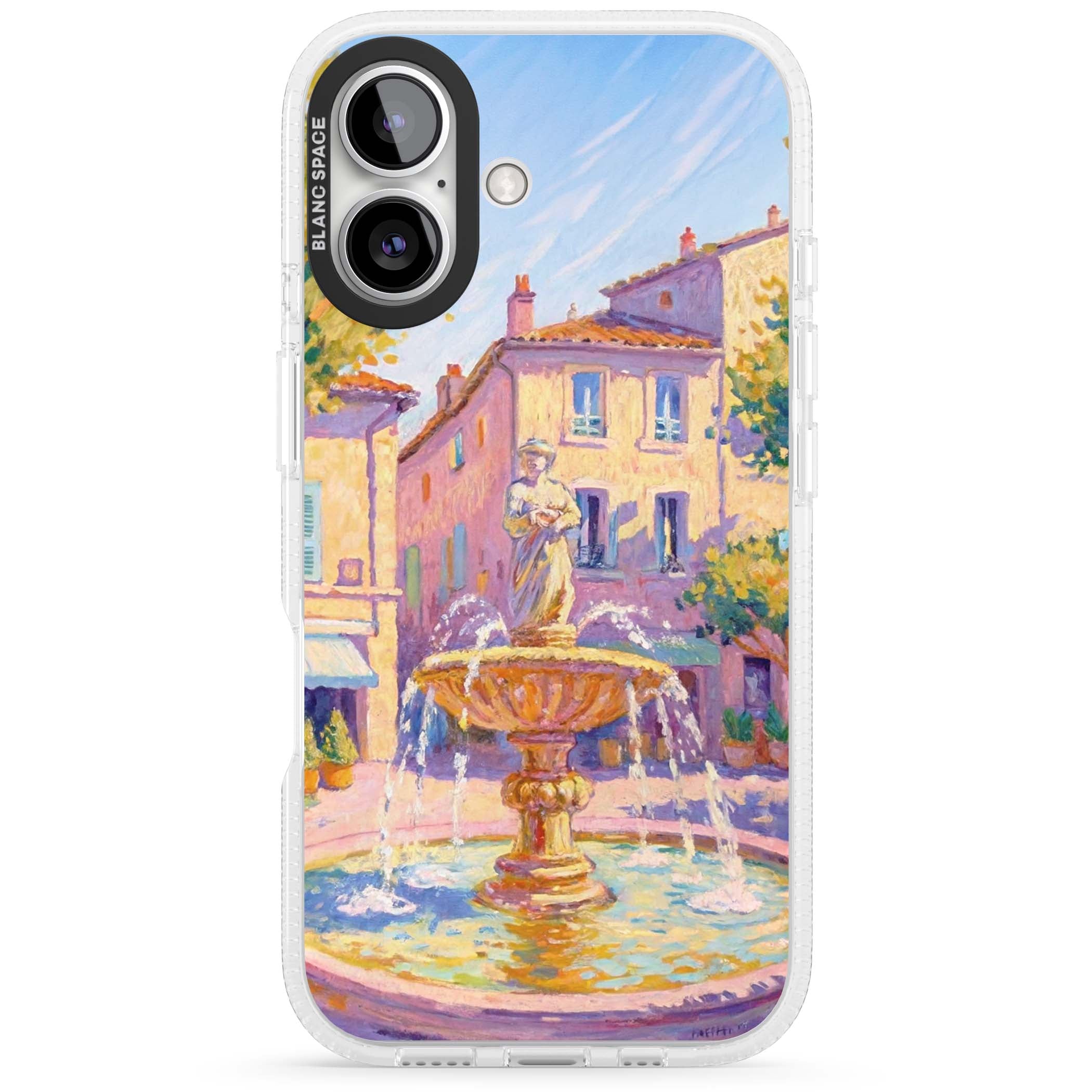 Fountain Square fine art iPhone case featuring an impressionist Provençal fountain, pastel village buildings and summe | Clear Case Impact Air case for iPhone 16, iPhone 16 Plus