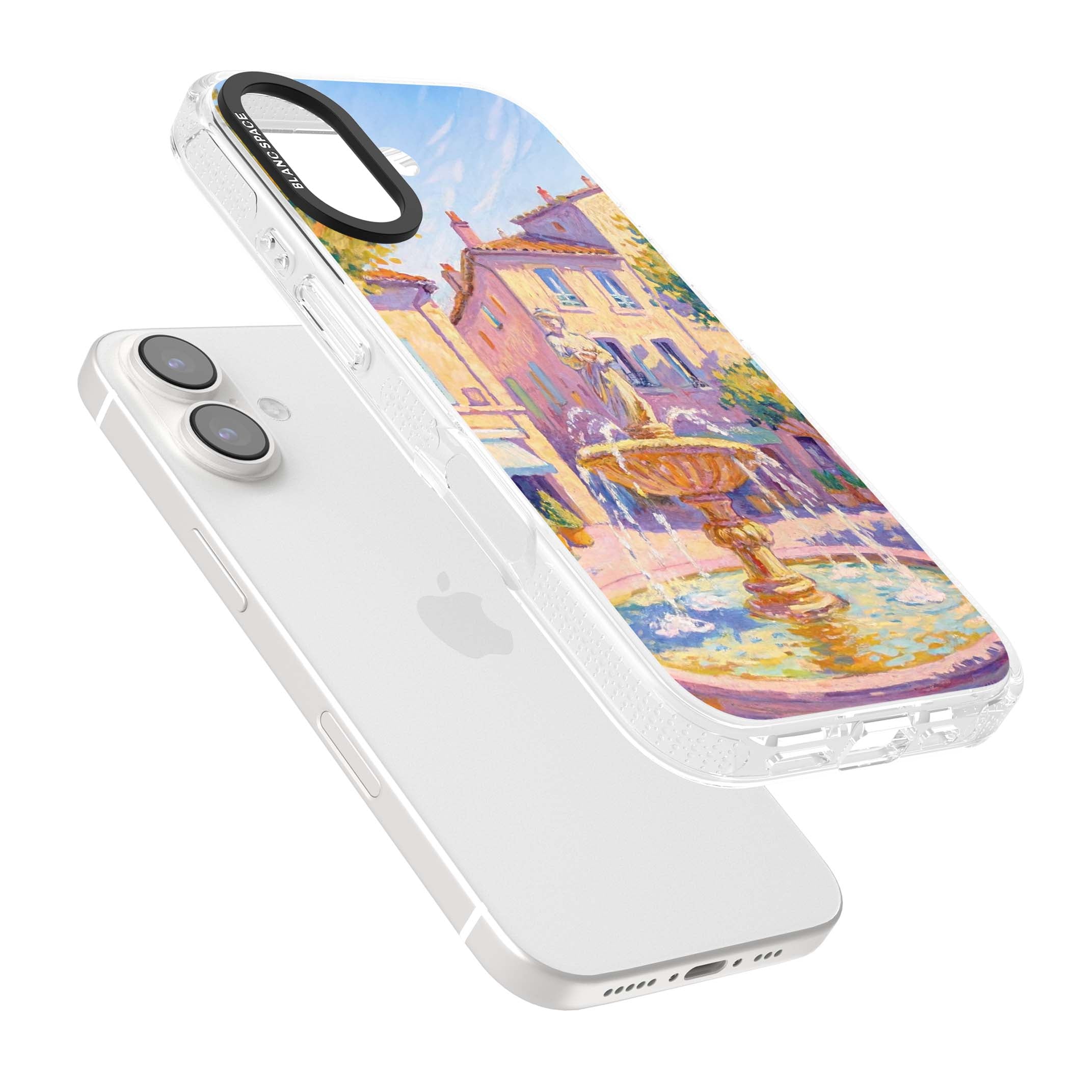 Fountain Square fine art iPhone case featuring an impressionist Provençal fountain, pastel village buildings and summe | Clear Case Impact Air case for iPhone 16, iPhone 16 Plus