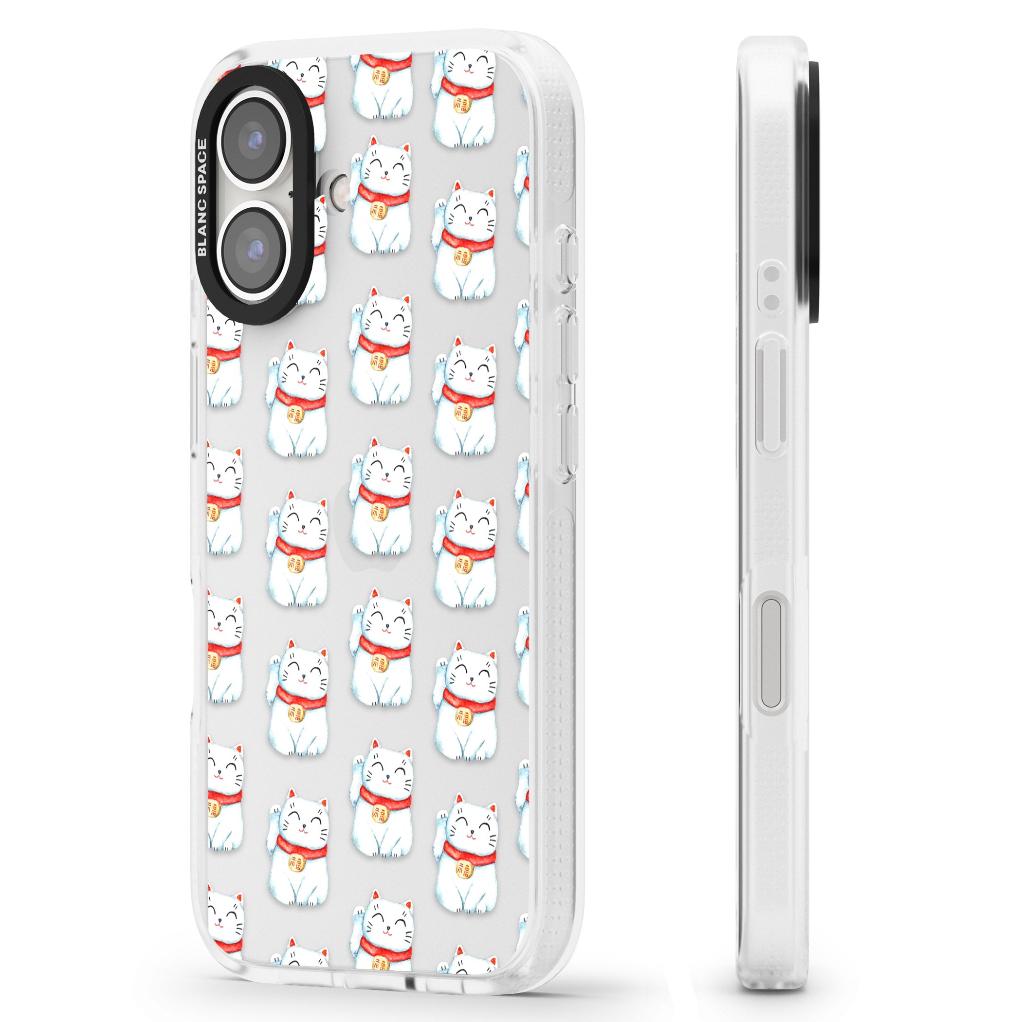 Lucky Cat Maneki-Neko Japanese Pattern iPhone 16 / 16 Plus Clear Case Impact Air - Blanc Space