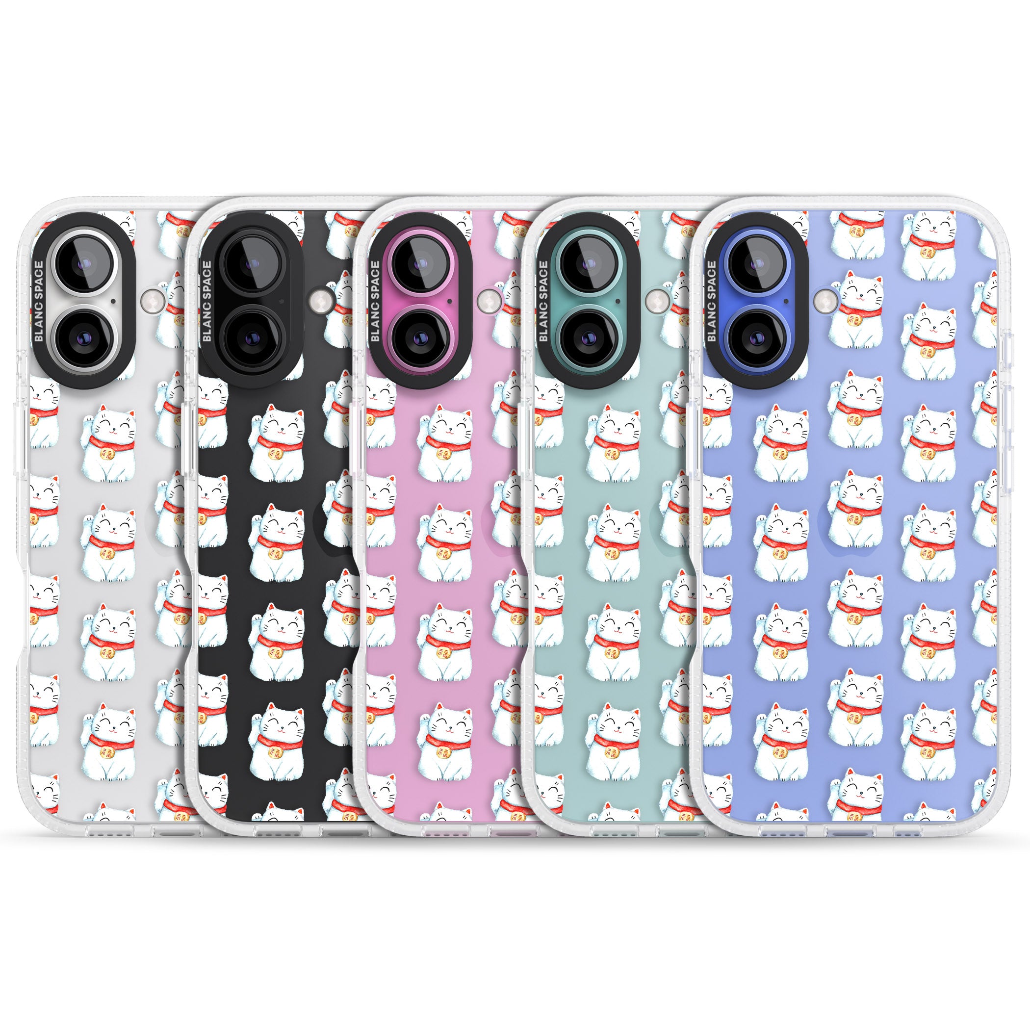 Lucky Cat Maneki-Neko Japanese Pattern iPhone 16 / 16 Plus Clear Case Impact Air - Blanc Space