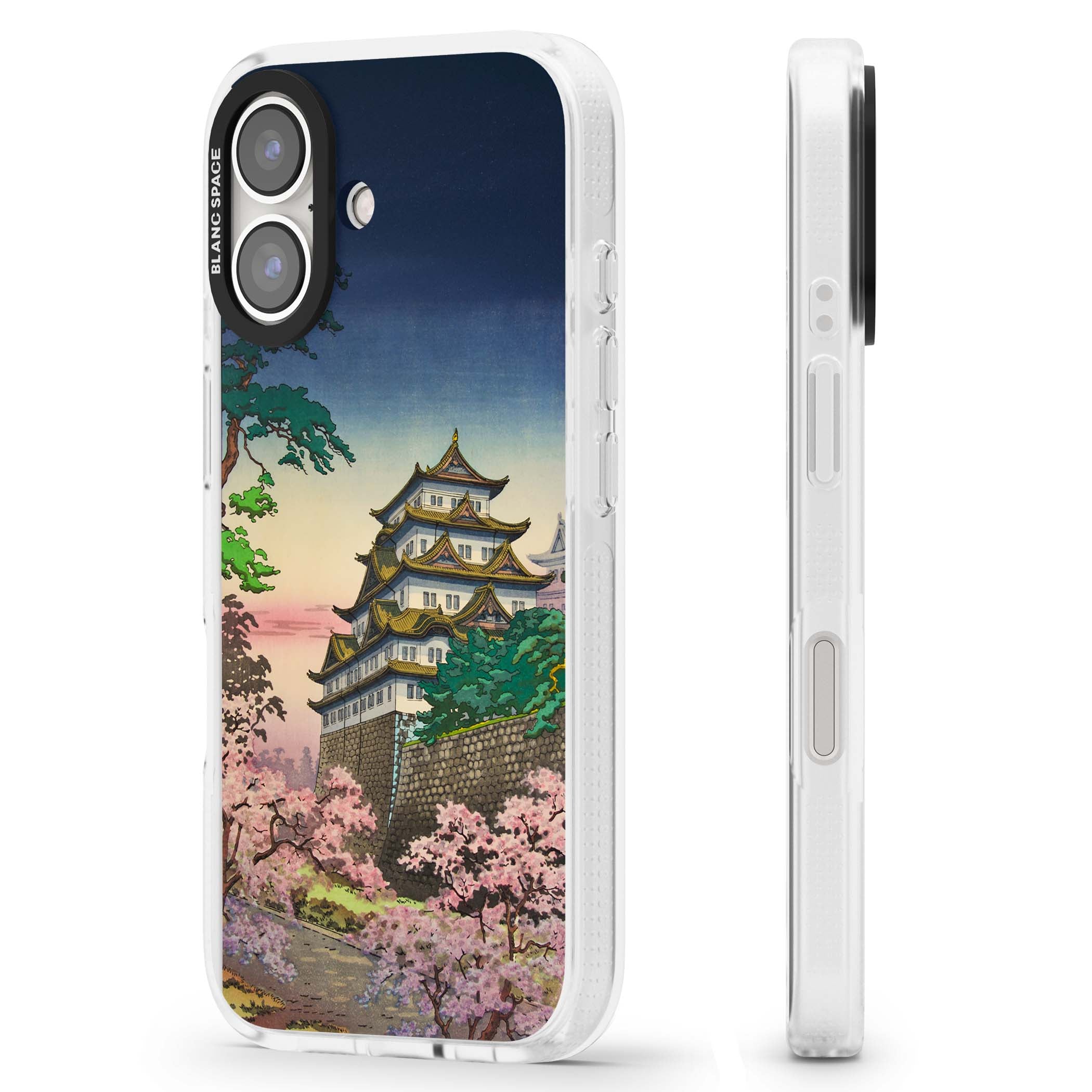 Nagoya Castle Japanese iPhone case featuring a vintage pagoda, twilight sky and cherry blossom trees | Clear Case Impact Air case for iPhone 16, iPhone 16 Plus