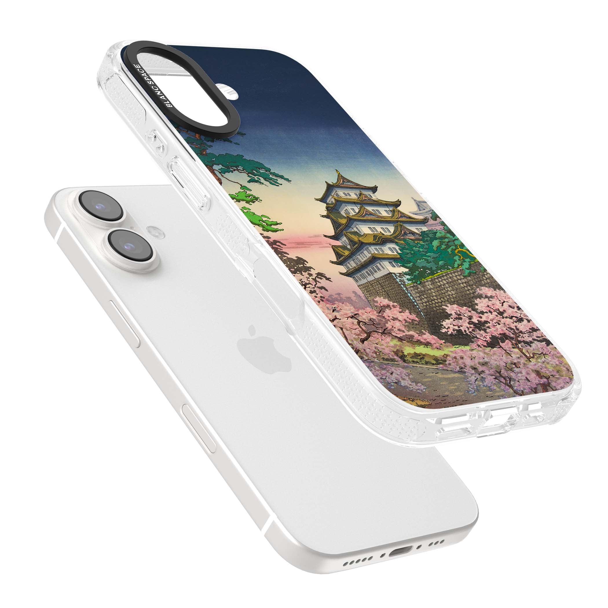Nagoya Castle Japanese iPhone case featuring a vintage pagoda, twilight sky and cherry blossom trees | Clear Case Impact Air case for iPhone 16, iPhone 16 Plus