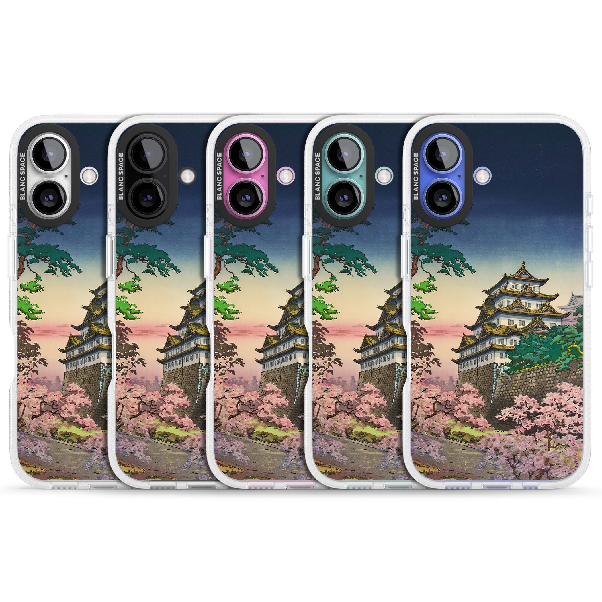Nagoya Castle Japanese iPhone case featuring a vintage pagoda, twilight sky and cherry blossom trees | Clear Case Impact Air case for iPhone 16, iPhone 16 Plus