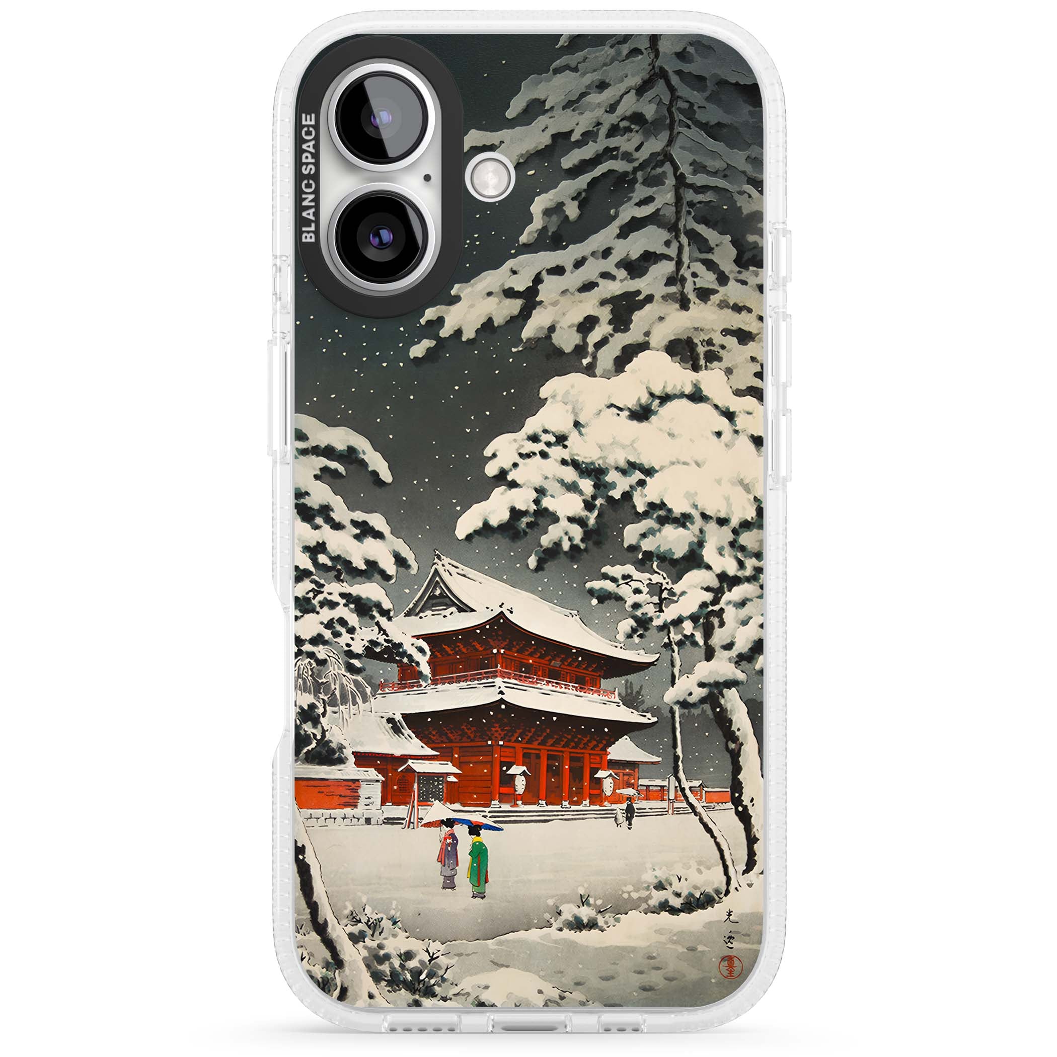 Snow at Shiha Park, Tokyo Japanese art iPhone case featuring a vintage ukiyo-e snowy temple, red pagoda, and snow-covered pin | Clear Case Impact Air case for iPhone 16, iPhone 16 Plus