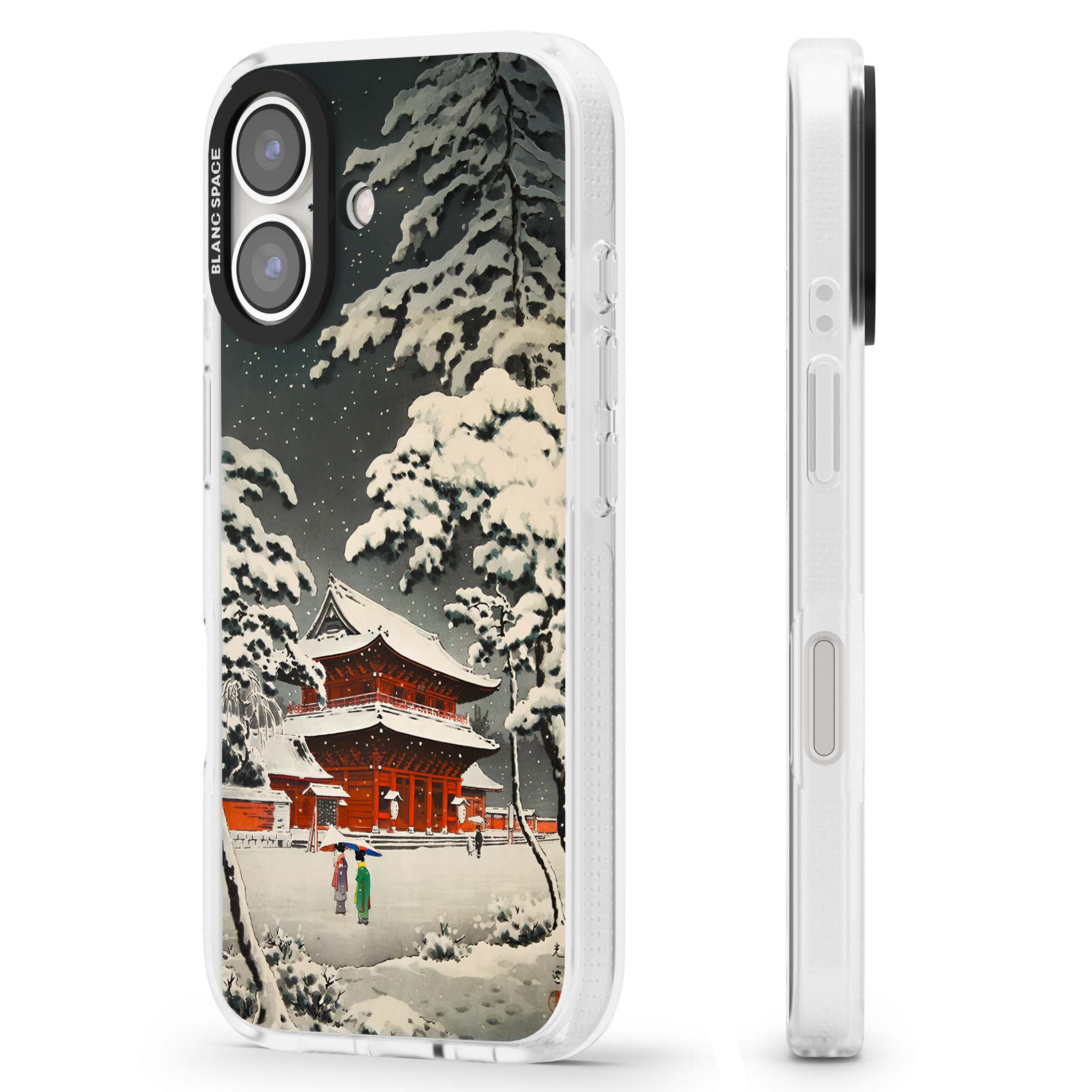 Snow at Shiha Park, Tokyo Japanese art iPhone case featuring a vintage ukiyo-e snowy temple, red pagoda, and snow-covered pin | Clear Case Impact Air case for iPhone 16, iPhone 16 Plus