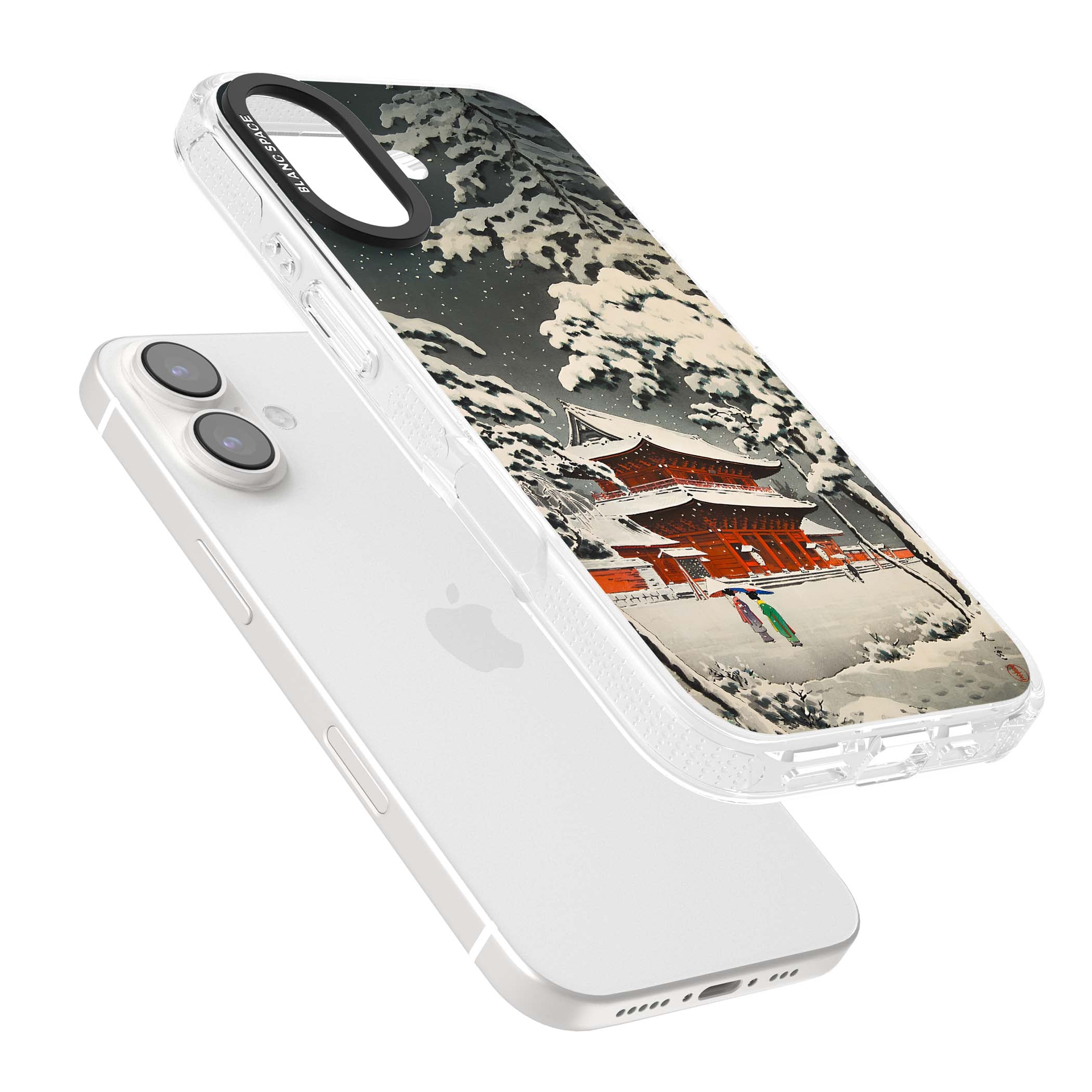 Snow at Shiha Park, Tokyo Japanese art iPhone case featuring a vintage ukiyo-e snowy temple, red pagoda, and snow-covered pin | Clear Case Impact Air case for iPhone 16, iPhone 16 Plus