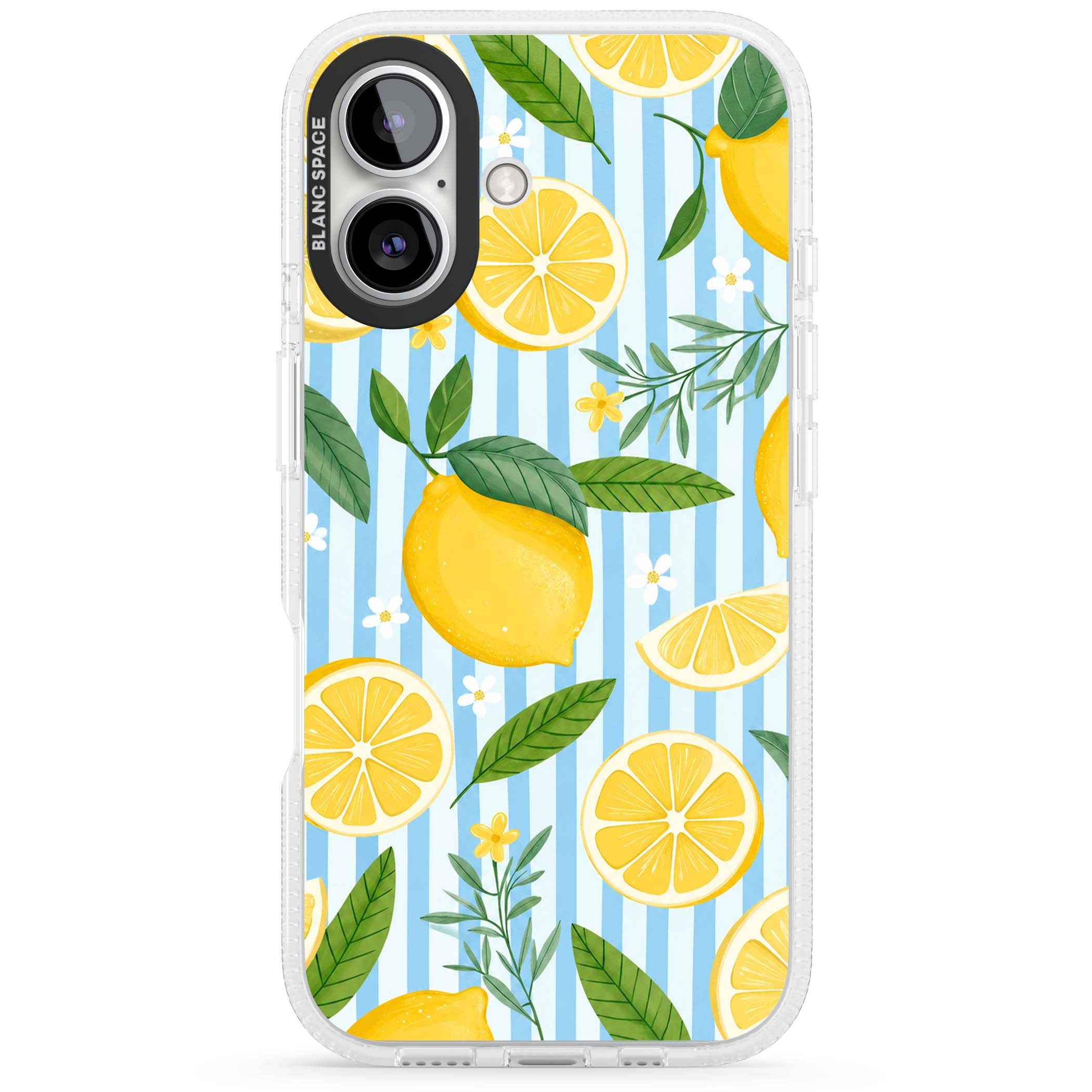 Capri Citrus Stripe coastal iPhone case featuring yellow lemons, blue stripes, and white daisy blossoms | Clear Case Impact Air case for iPhone 16, iPhone 16 Plus