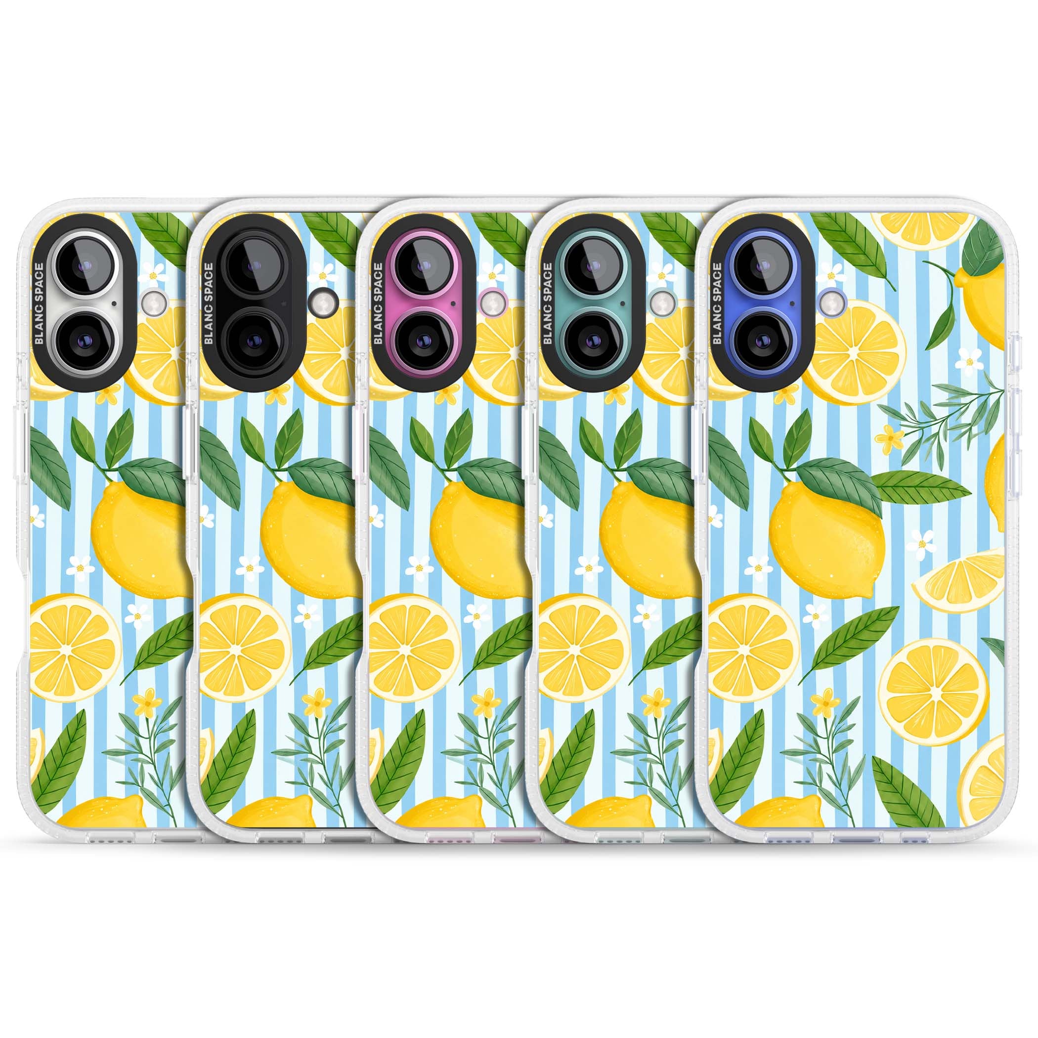 Capri Citrus Stripe coastal iPhone case featuring yellow lemons, blue stripes, and white daisy blossoms | Clear Case Impact Air case for iPhone 16, iPhone 16 Plus