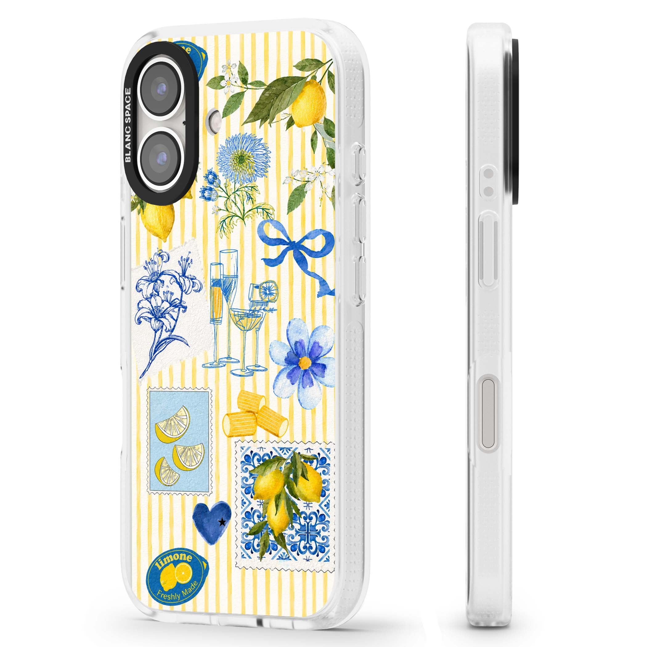 Limone Riviera Italian summer iPhone case featuring watercolour lemons, blue ribbon bows and majolica tile stamps on... | Clear Case Impact Air case for iPhone 16, iPhone 16 Plus