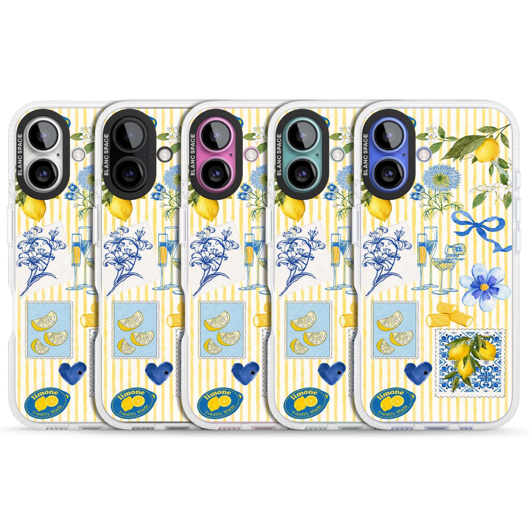 Limone Riviera Italian summer iPhone case featuring watercolour lemons, blue ribbon bows and majolica tile stamps on... | Clear Case Impact Air case for iPhone 16, iPhone 16 Plus