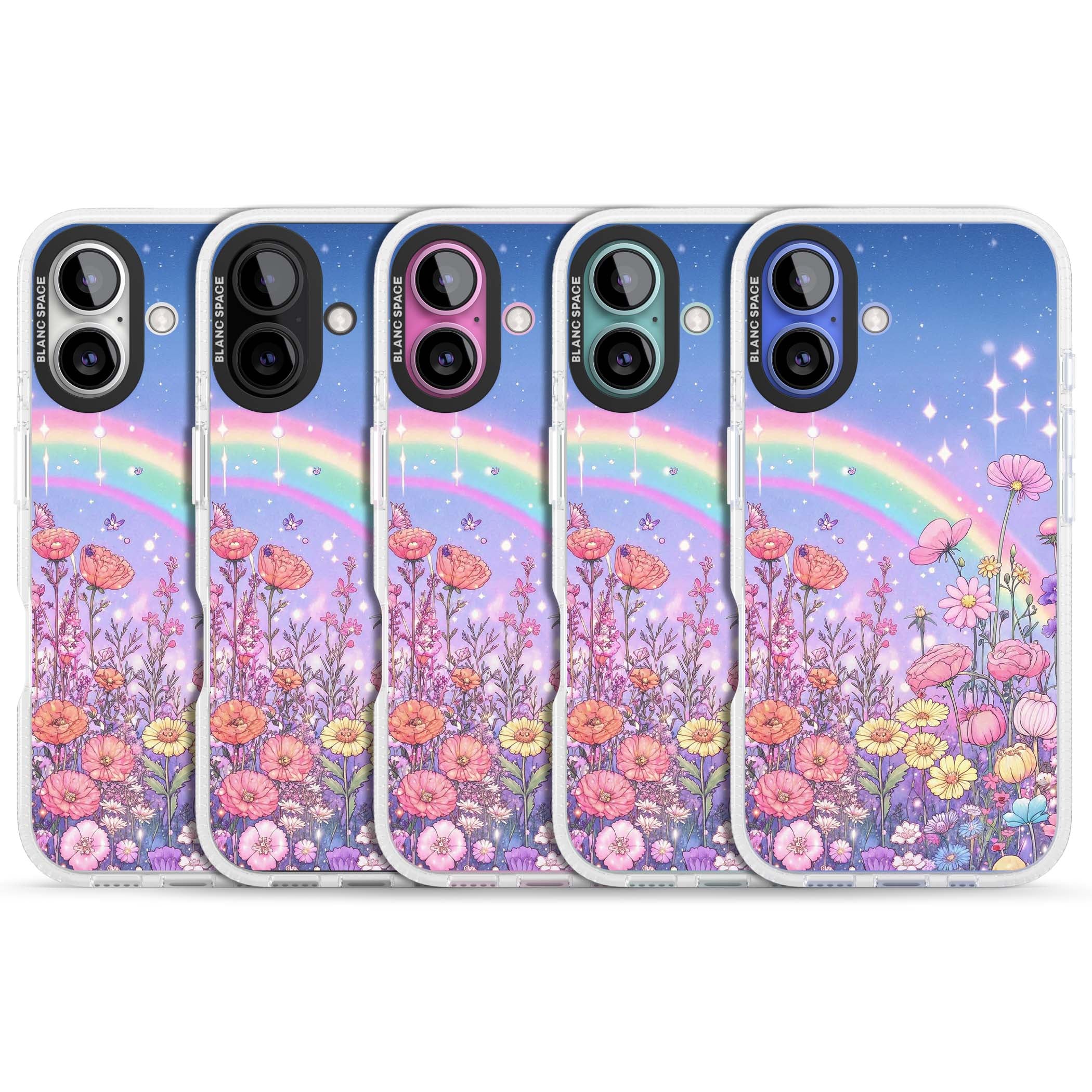 Magical Meadow fairycore iPhone case featuring a pastel rainbow, sparkling stars and a wildflower meadow | Clear Case Impact Air case for iPhone 16, iPhone 16 Plus