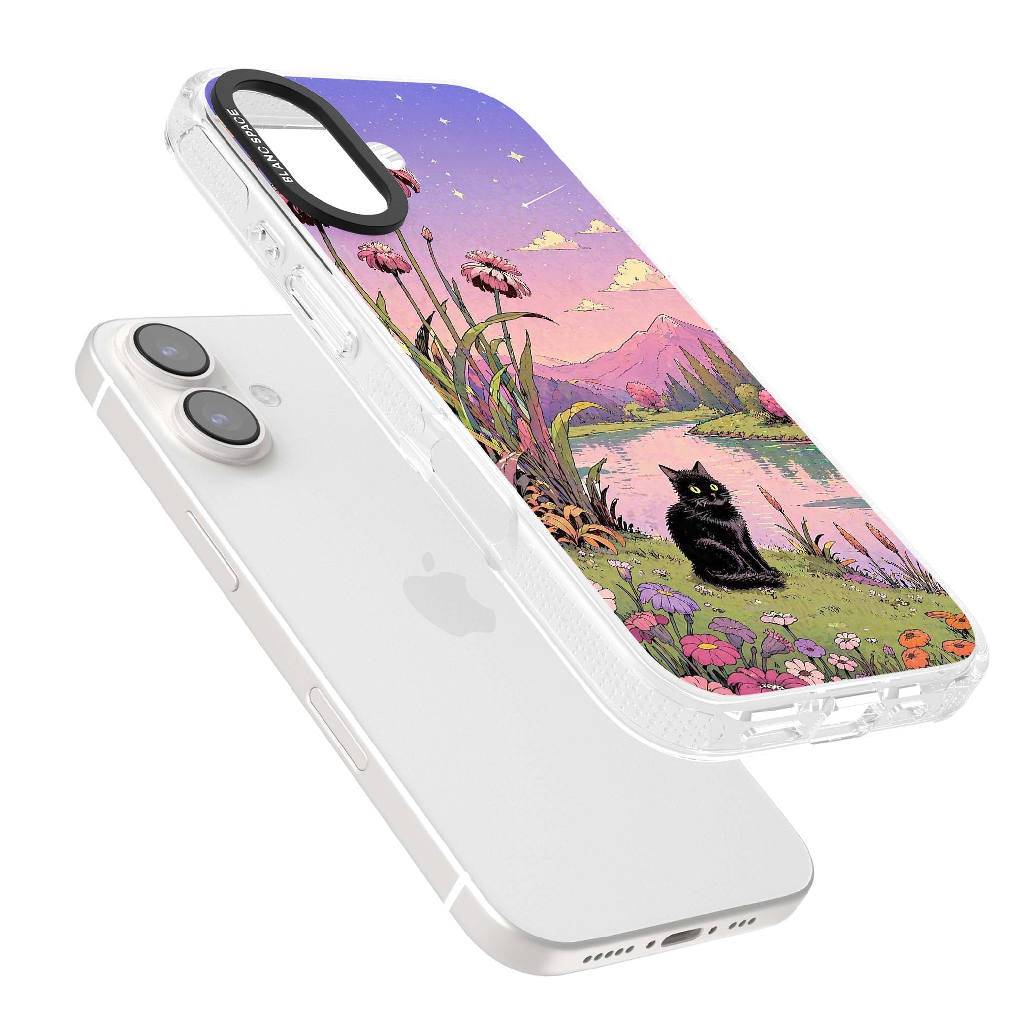 Mystic Whiskers ghibli iPhone case featuring a black cat by a pastel lake, wildflowers and a starry sunset sky | Clear Case Impact Air case for iPhone 16, iPhone 16 Plus