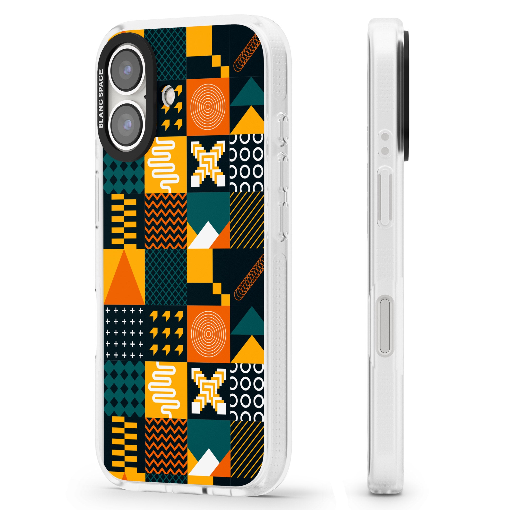Funky Geometric Patterns: Orange & Dark Green iPhone 16 / 16 Plus Clear Case Impact Air - Blanc Space