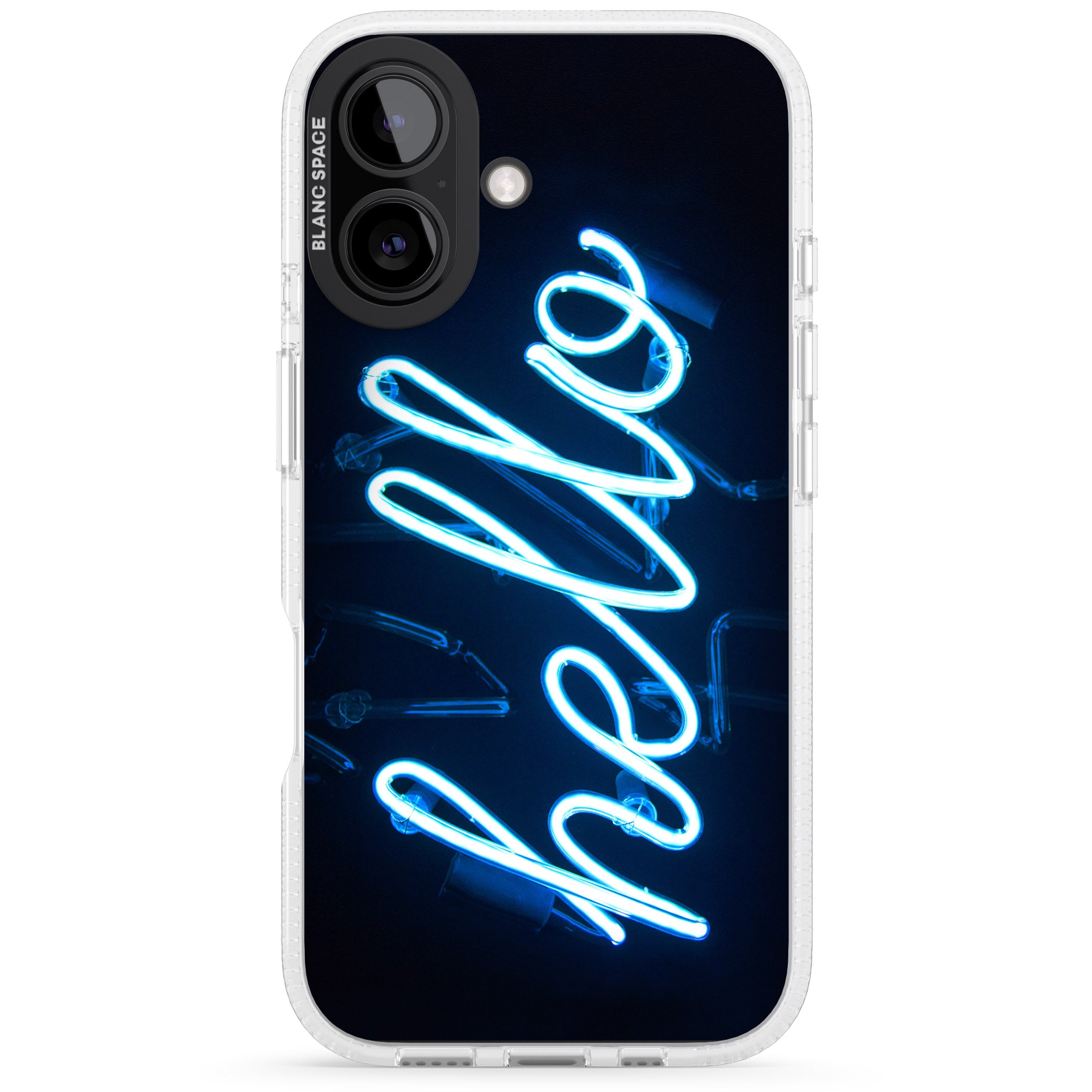 "Hello" Blue Cursive Neon Sign iPhone 16 / 16 Plus Clear Case Impact Air - Blanc Space