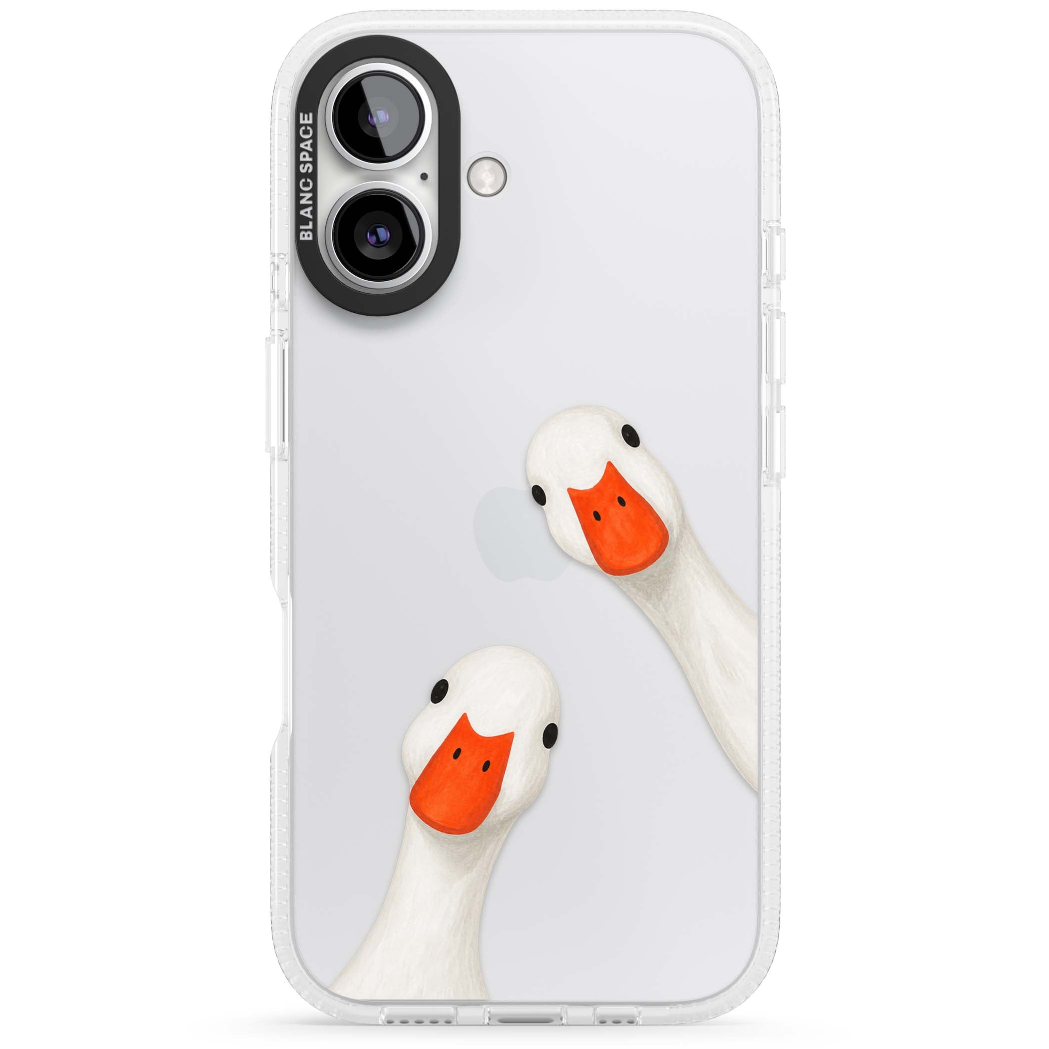 Nosy Ducks cottagecore iPhone case featuring two peeking white ducks with orange beaks on a clear background | Clear Case Impact Air case for iPhone 16, iPhone 16 Plus