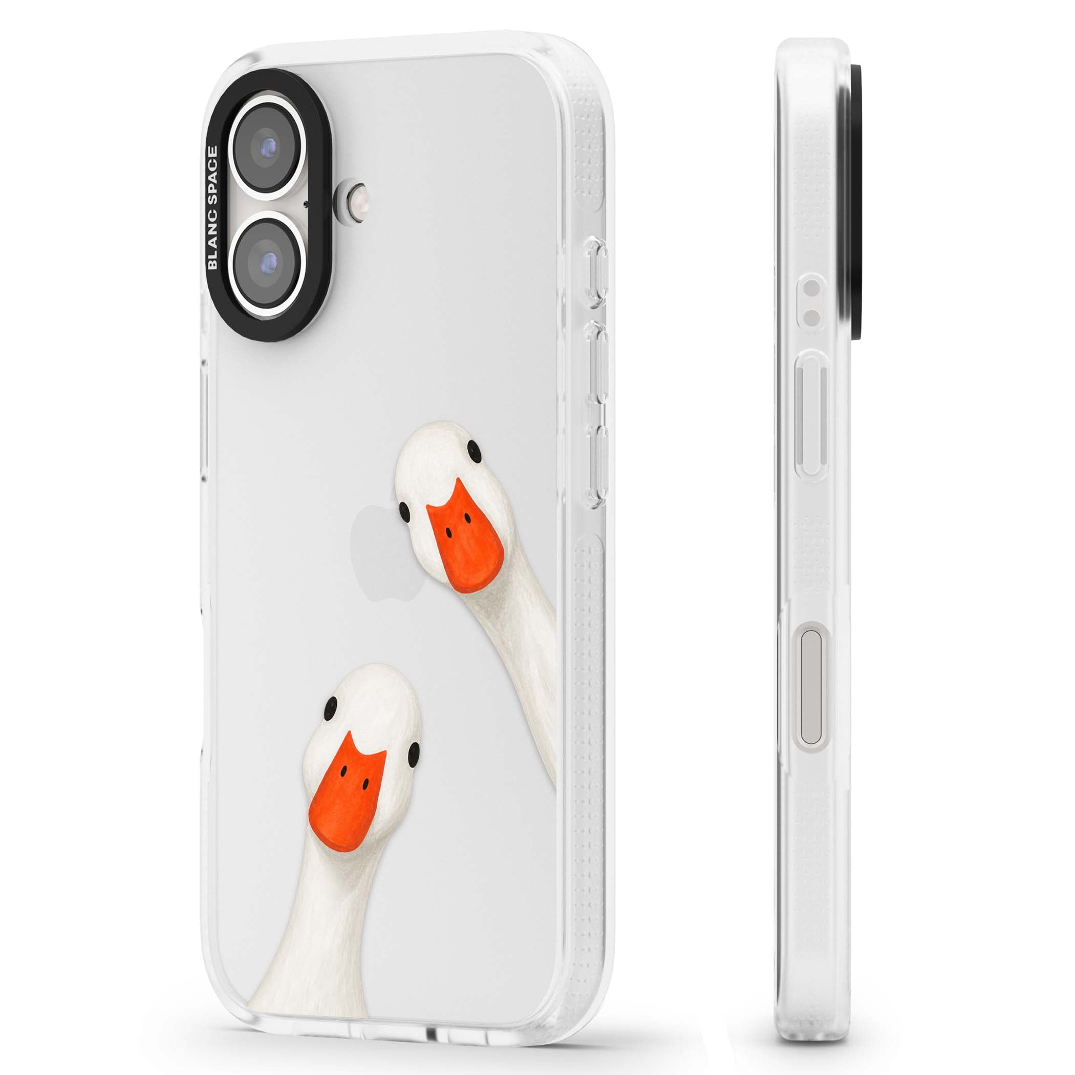 Nosy Ducks cottagecore iPhone case featuring two peeking white ducks with orange beaks on a clear background | Clear Case Impact Air case for iPhone 16, iPhone 16 Plus