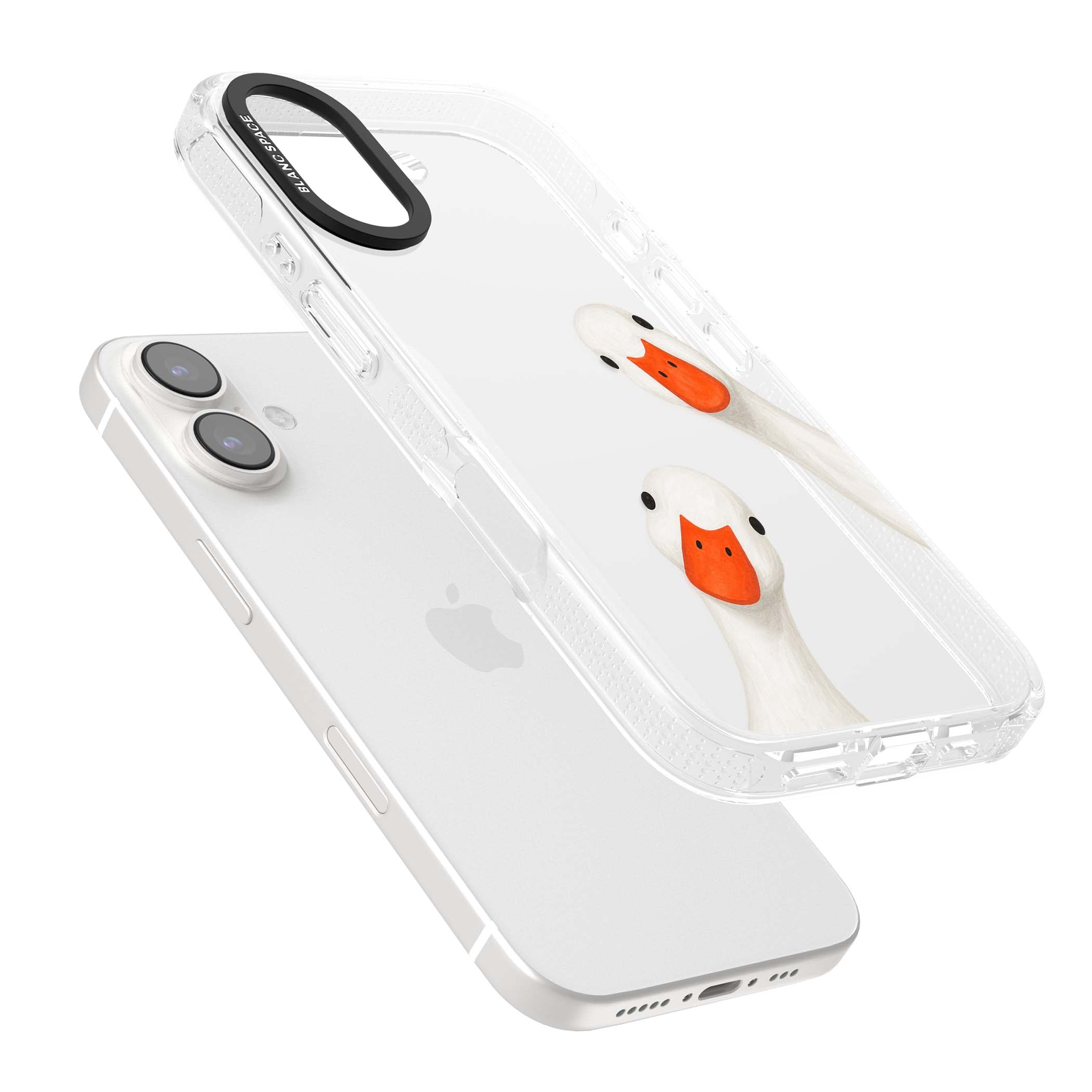 Nosy Ducks cottagecore iPhone case featuring two peeking white ducks with orange beaks on a clear background | Clear Case Impact Air case for iPhone 16, iPhone 16 Plus