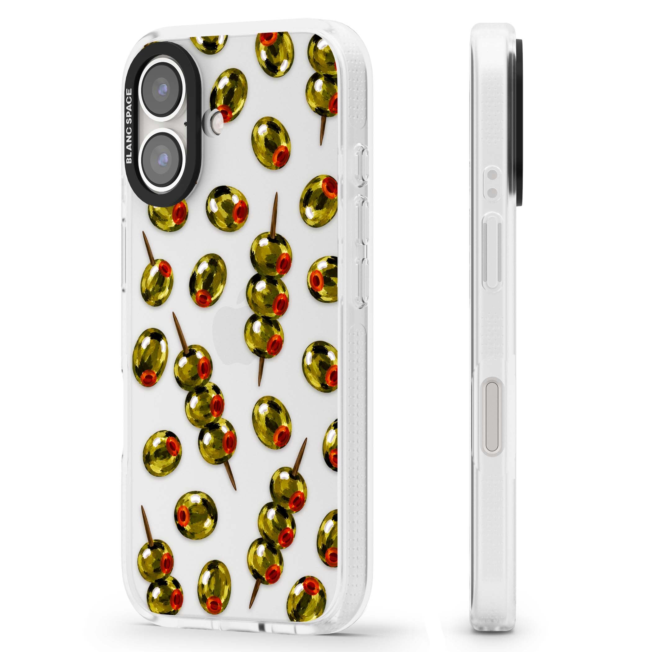 Painted Olives cocktail iPhone case featuring green olives, pimento centres and toothpick skewers on a clear background | Clear Case Impact Air case for iPhone 16, iPhone 16 Plus