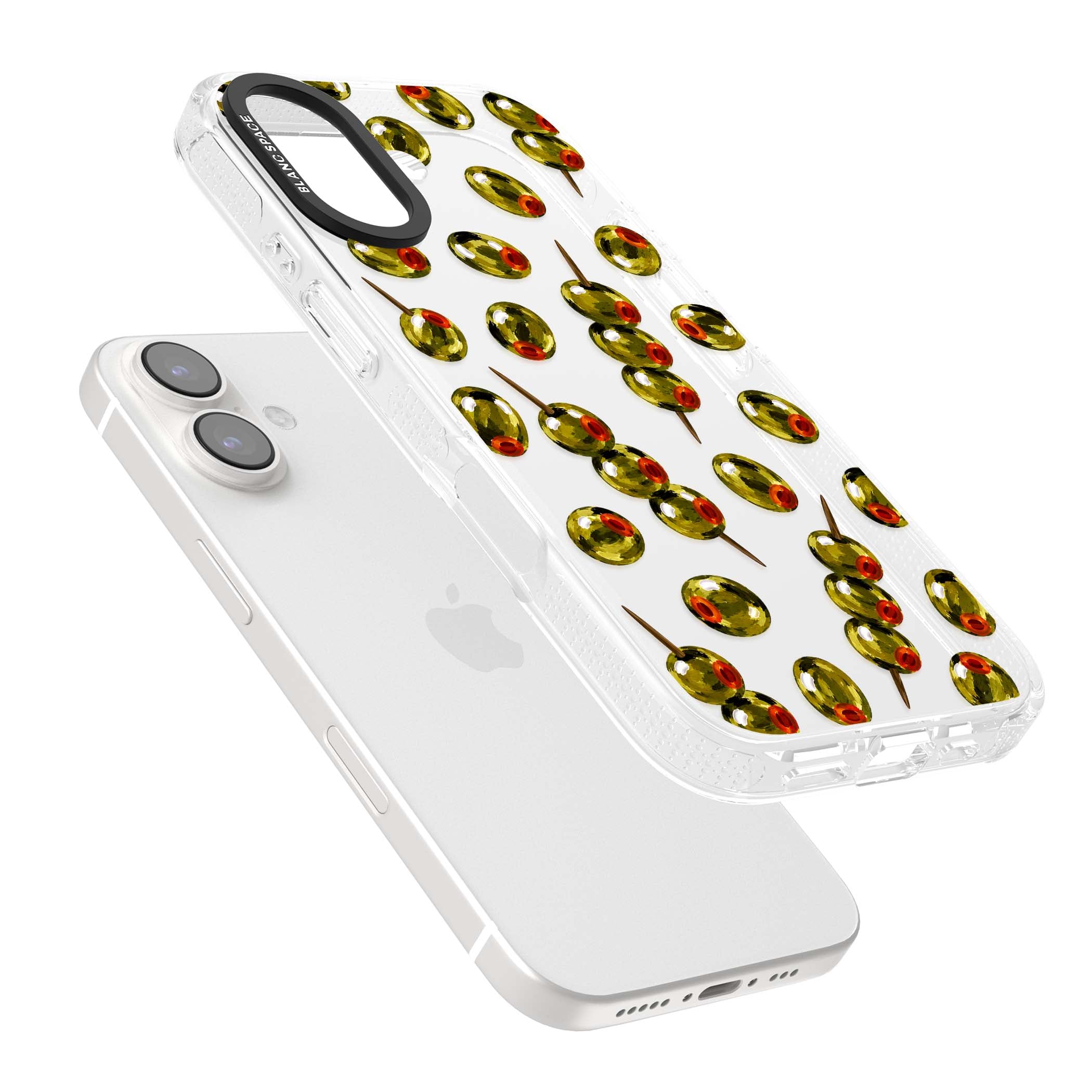 Painted Olives cocktail iPhone case featuring green olives, pimento centres and toothpick skewers on a clear background | Clear Case Impact Air case for iPhone 16, iPhone 16 Plus