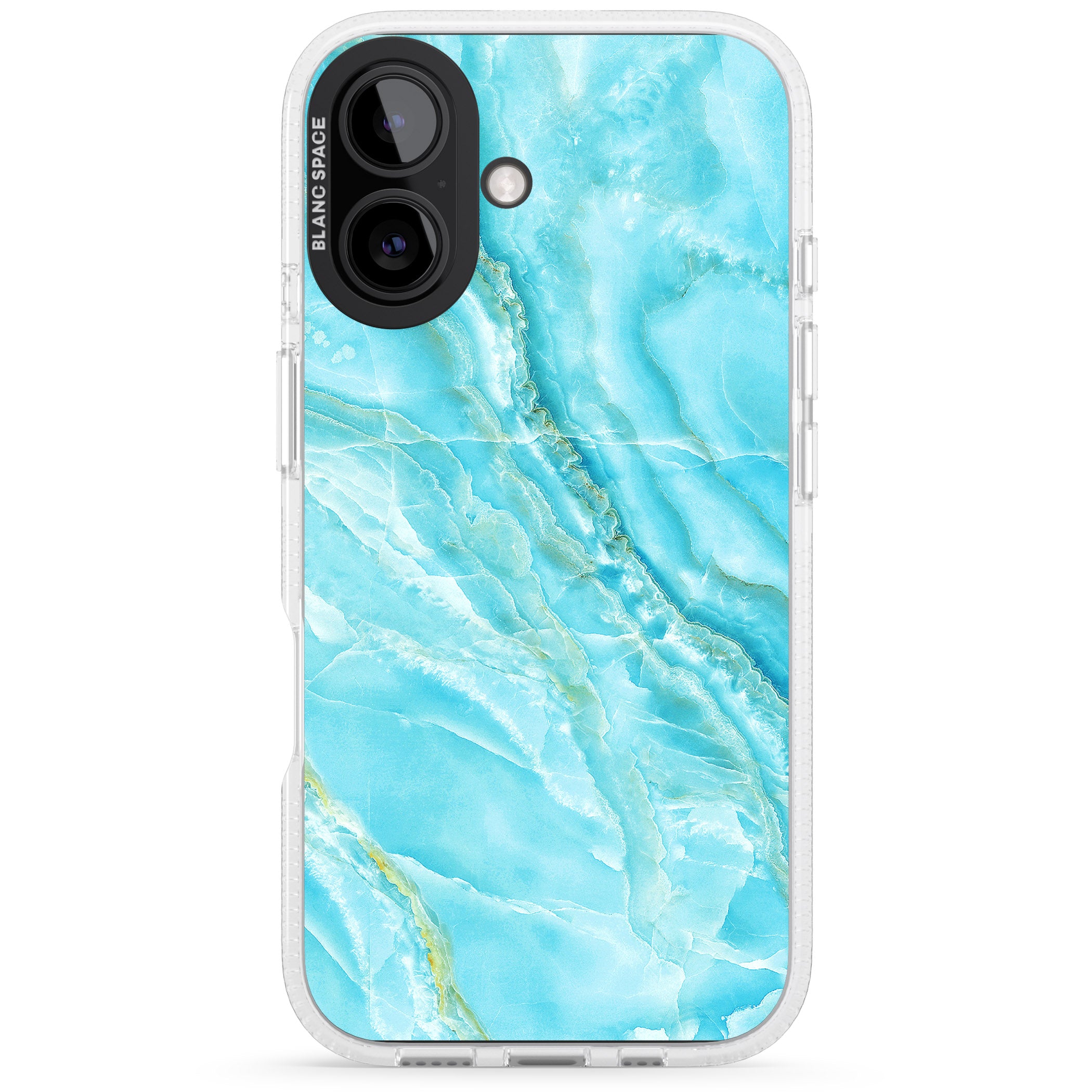Bright Blue Onyx Marble iPhone 16 / 16 Plus Clear Case Impact Air - Blanc Space