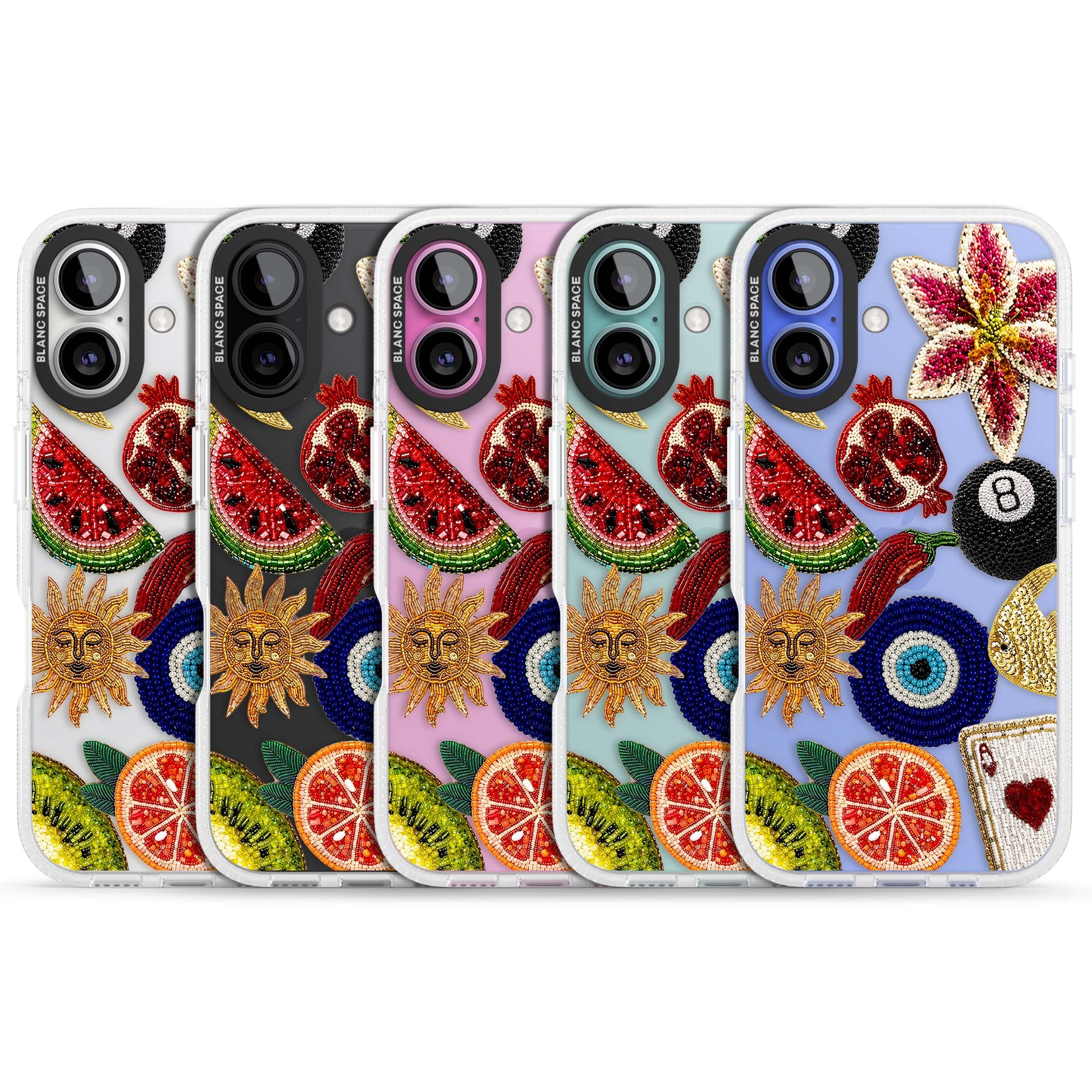 Beaded Charms embroidery iPhone case featuring beaded evil eye, fruit patches and a golden sun motif | Clear Case Impact Air case for iPhone 16, iPhone 16 Plus