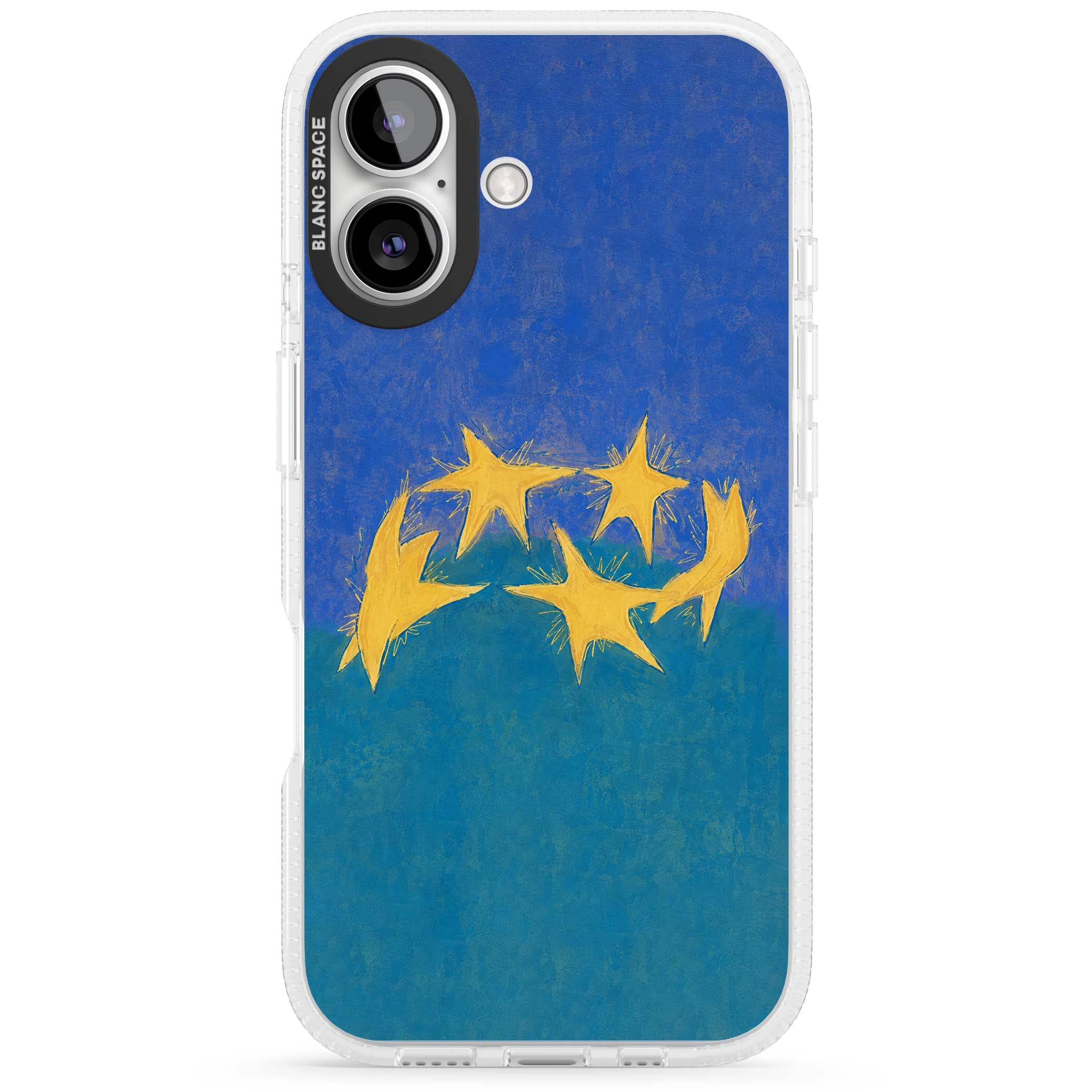 Star Boogie stars aesthetic iPhone case featuring five yellow hand-painted stars on cobalt blue and teal | Clear Case Impact Air case for iPhone 16, iPhone 16 Plus