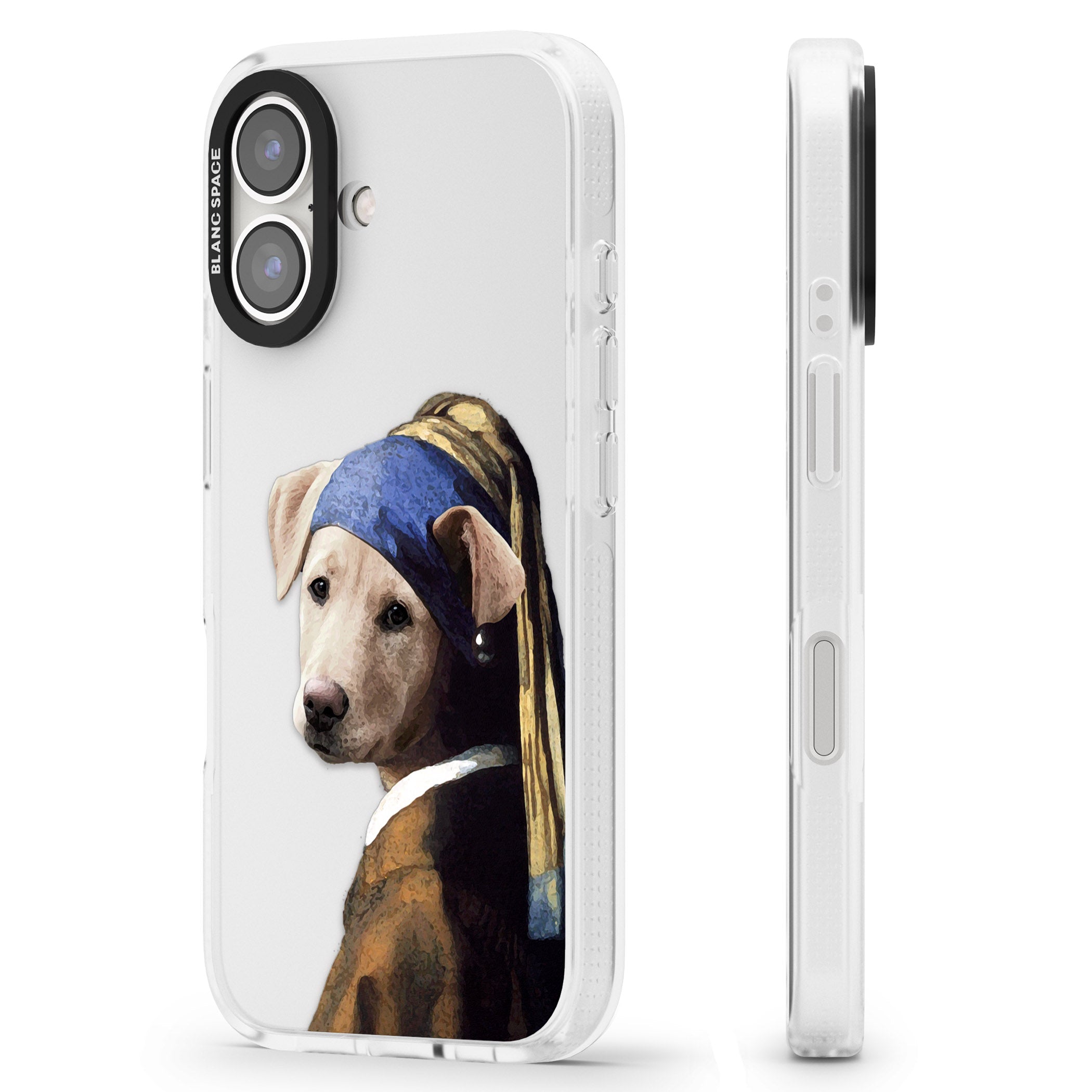 Doggo with a Pearl Earring iPhone 16 / 16 Plus Clear Case Impact Air - Blanc Space