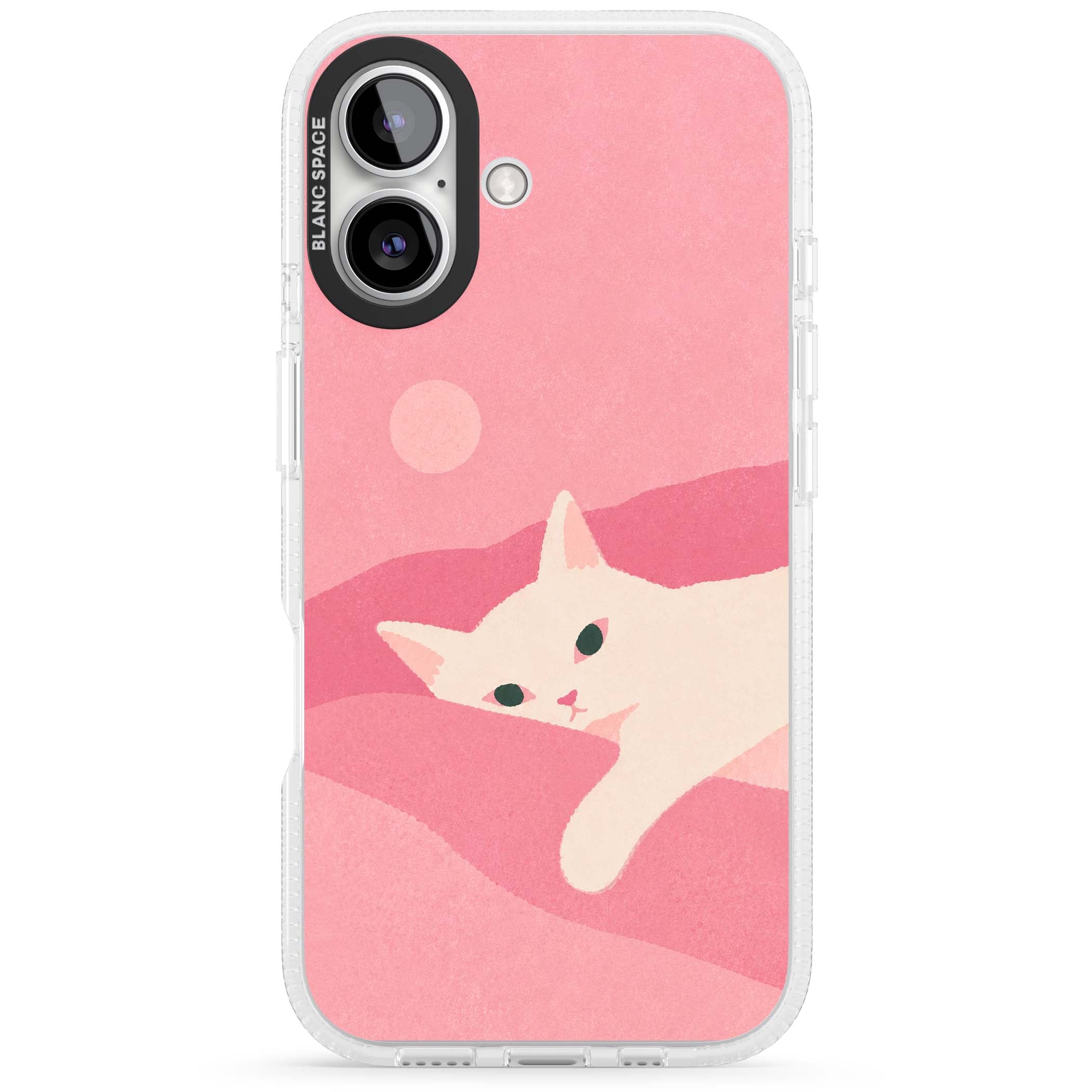 Pink Dreams cute cat iPhone case featuring a white kitten, soft pink hills and a pale pastel sun | Clear Case Impact Air case for iPhone 16, iPhone 16 Plus