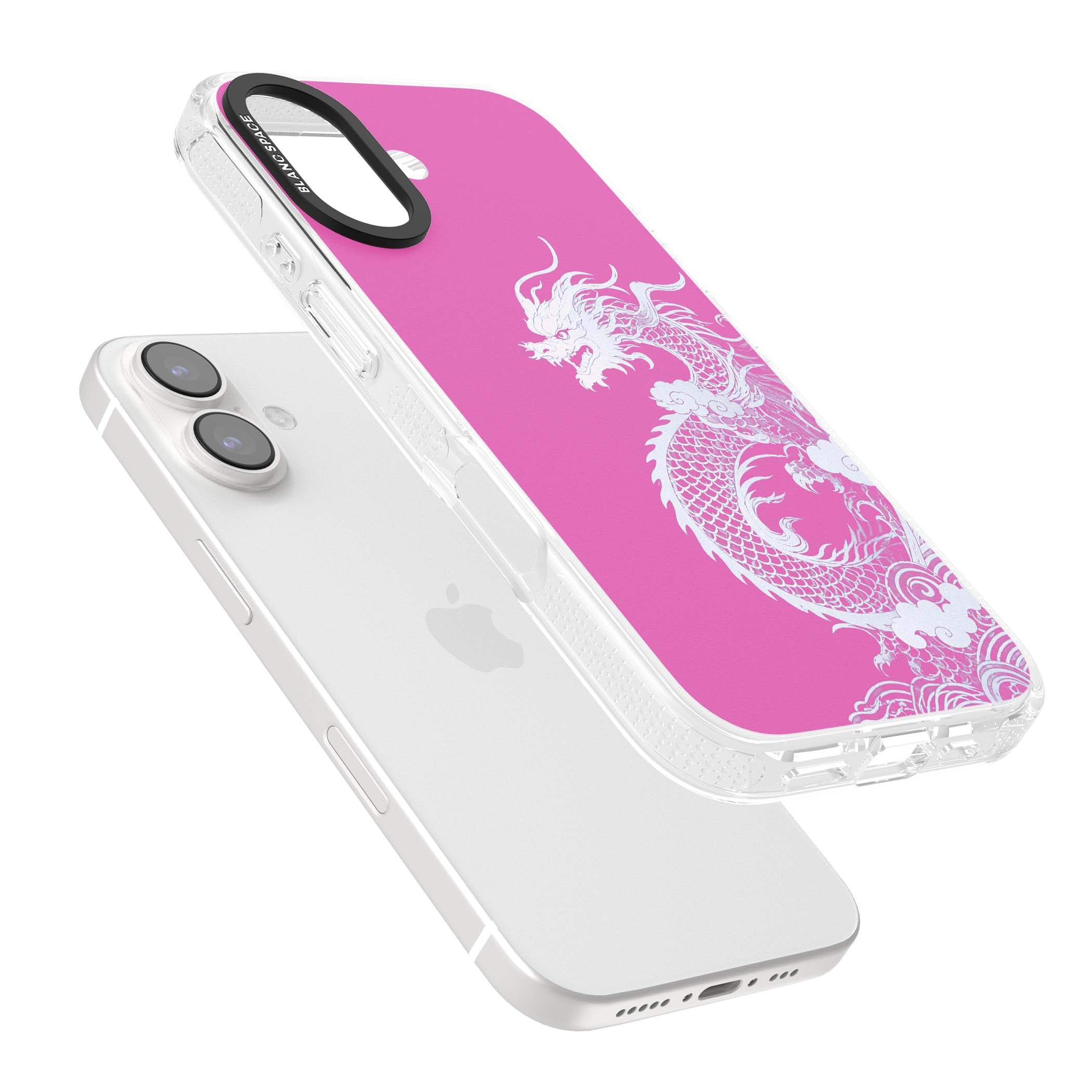 Pink Empress chinese dragon iPhone case featuring a white dragon, swirling clouds and pink dragon wallpaper backdrop | Clear Case Impact Air case for iPhone 16, iPhone 16 Plus