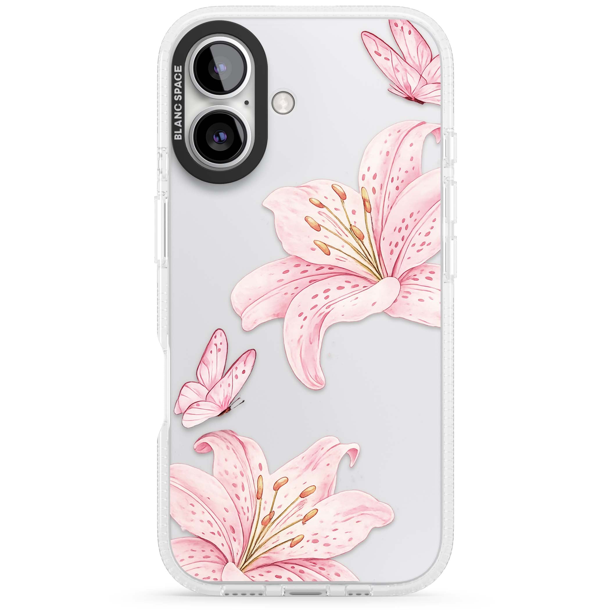 Lily Whisper floral iPhone case featuring pink watercolour lilies and delicate butterflies on a clear background | Clear Case Impact Air case for iPhone 16, iPhone 16 Plus