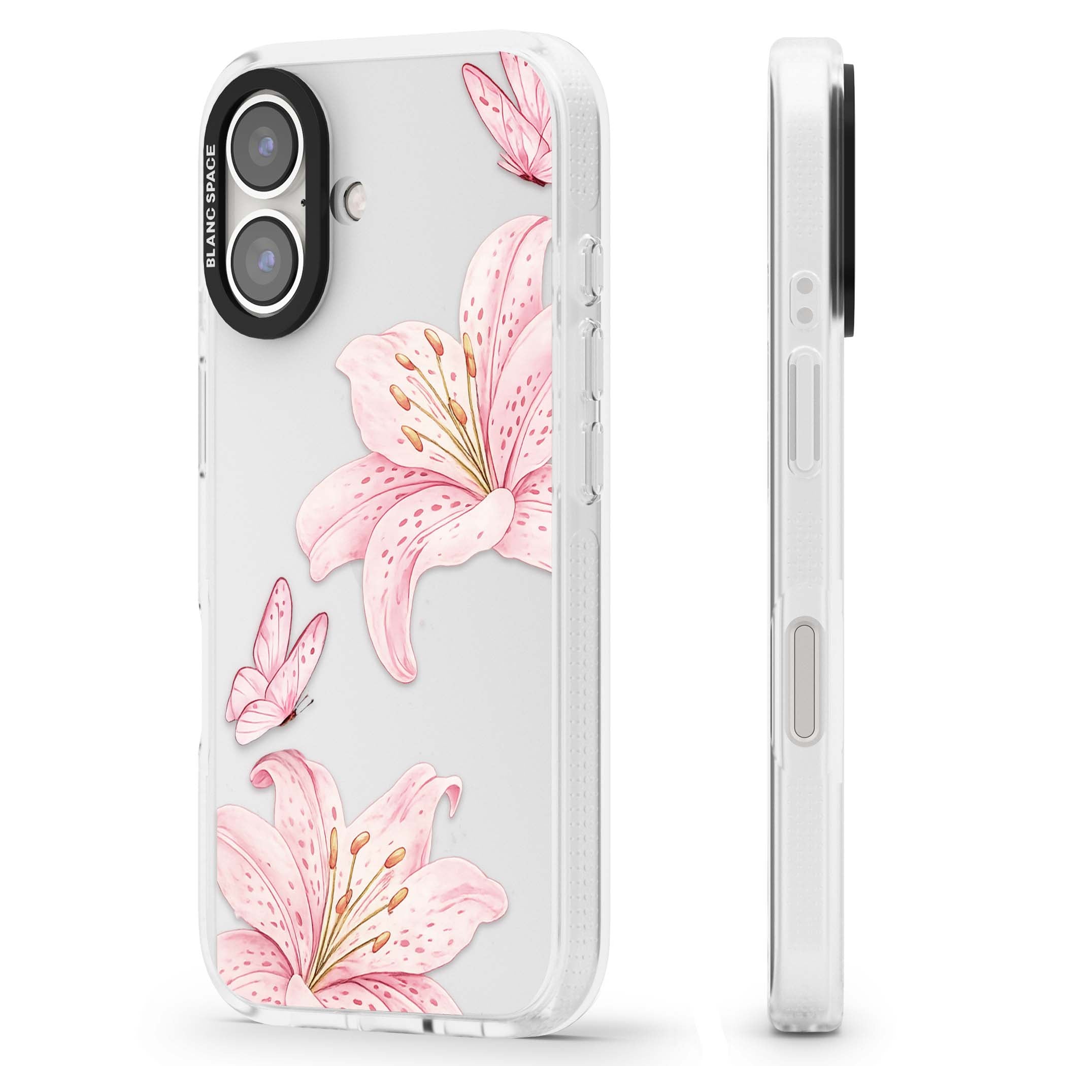 Lily Whisper floral iPhone case featuring pink watercolour lilies and delicate butterflies on a clear background | Clear Case Impact Air case for iPhone 16, iPhone 16 Plus