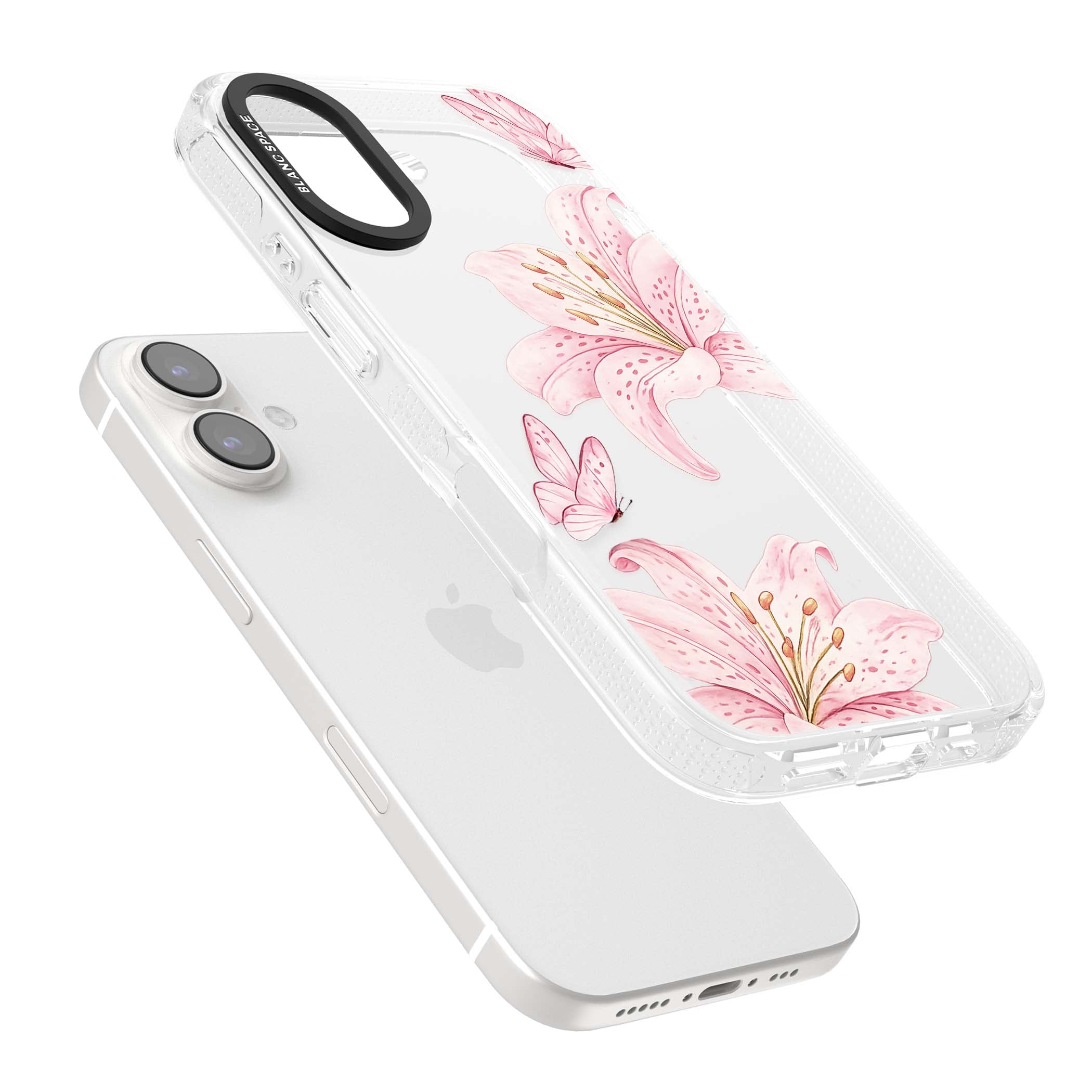 Lily Whisper floral iPhone case featuring pink watercolour lilies and delicate butterflies on a clear background | Clear Case Impact Air case for iPhone 16, iPhone 16 Plus