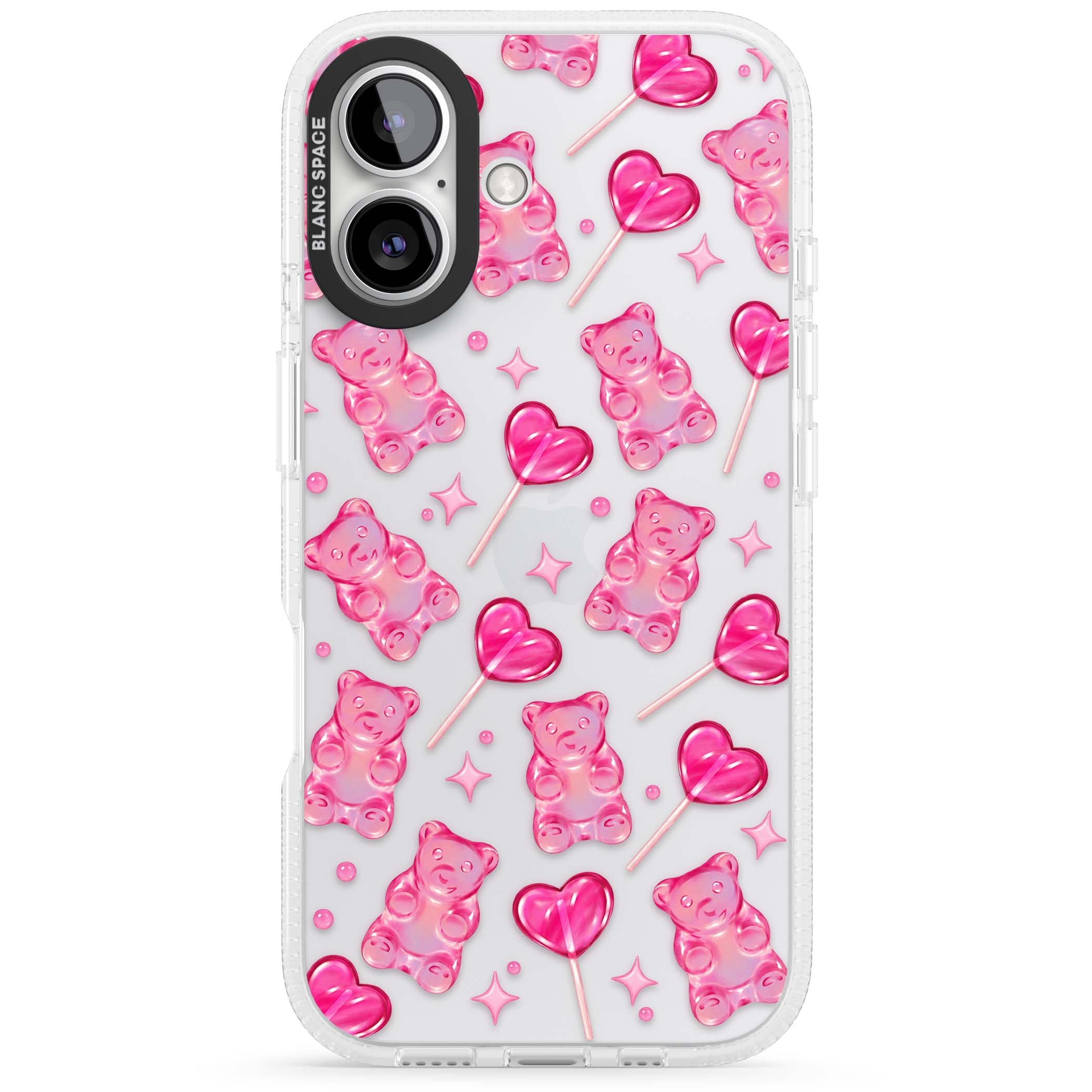 Pink Sugar pinkcore iPhone case featuring pink gummy bears, heart-shaped lollipops and sparkle stars | Clear Case Impact Air case for iPhone 16, iPhone 16 Plus
