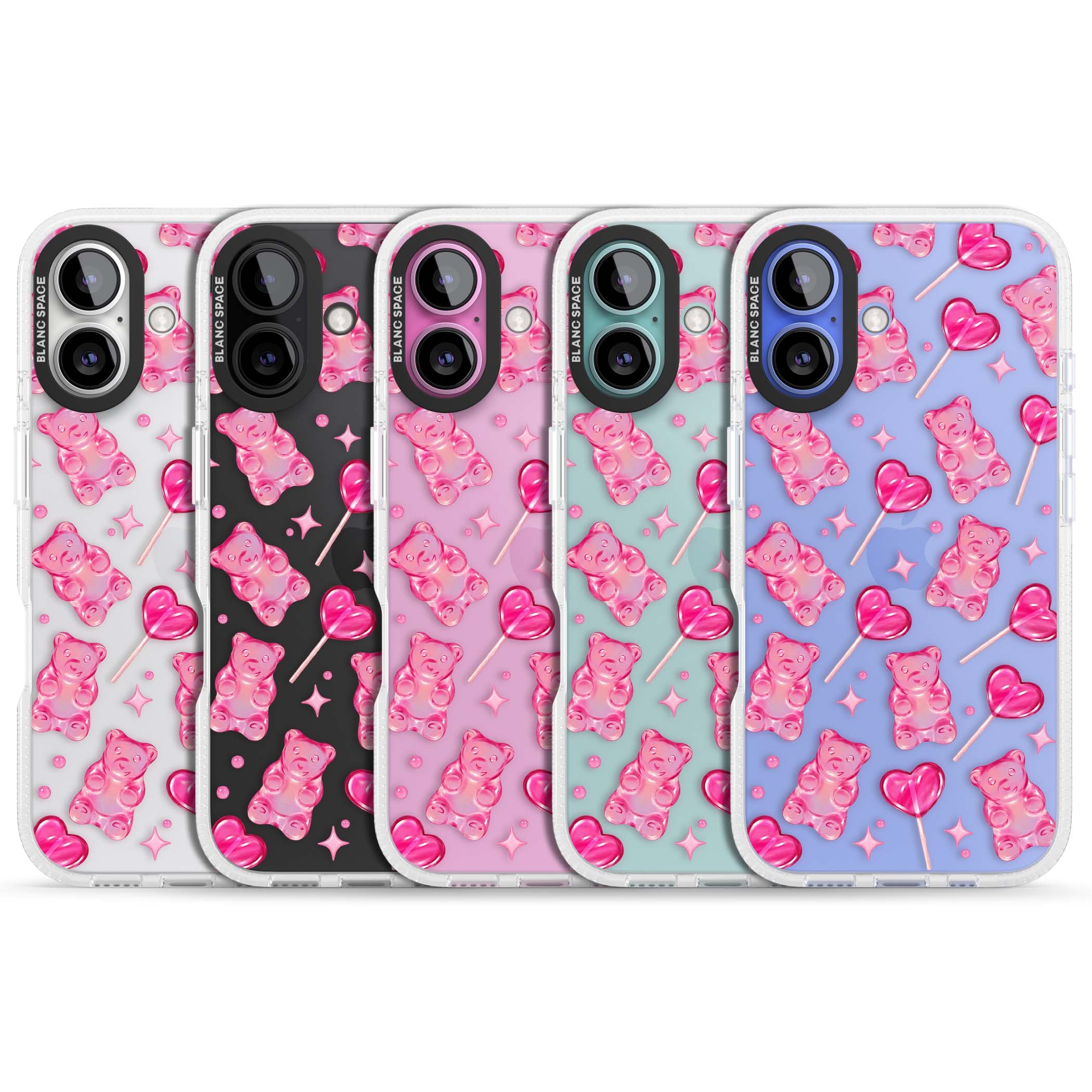 Pink Sugar pinkcore iPhone case featuring pink gummy bears, heart-shaped lollipops and sparkle stars | Clear Case Impact Air case for iPhone 16, iPhone 16 Plus