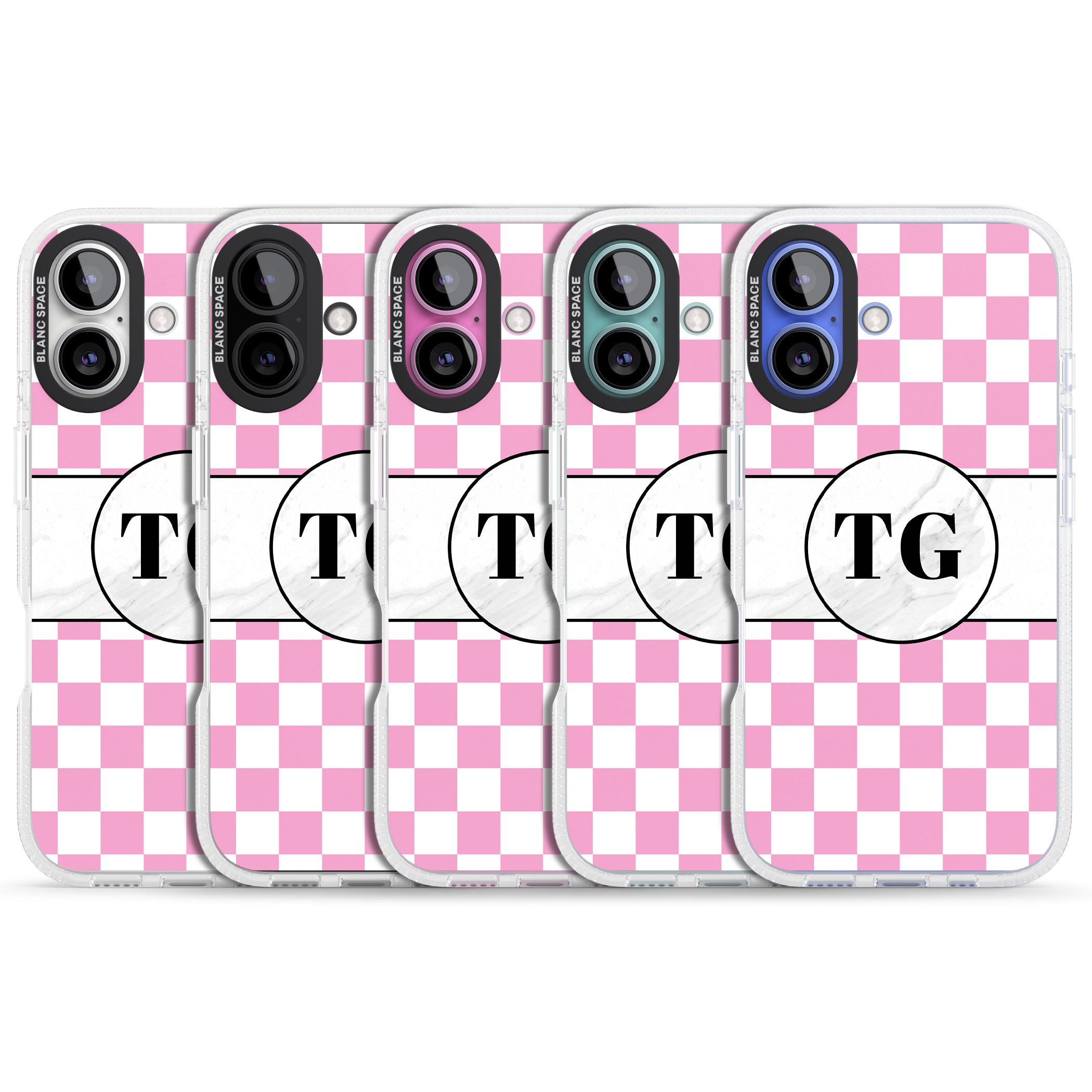 Personalised Monogrammed Pink Check iPhone 16 / 16 Plus Clear Case Impact Air - Blanc Space