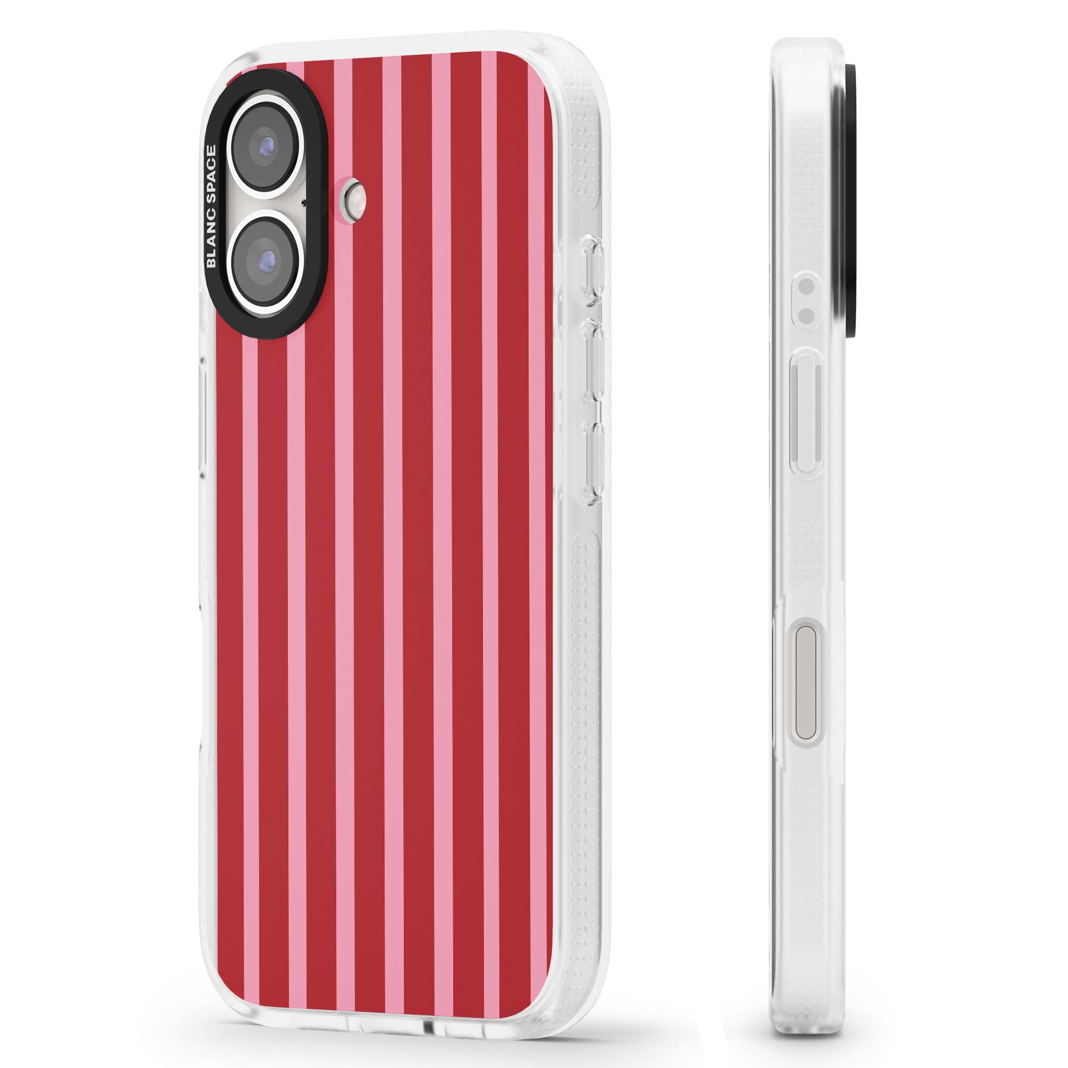 Raspberry Stripe coquette iPhone case featuring red and pink vertical stripes in a candy-inspired pattern | Clear Case Impact Air case for iPhone 16, iPhone 16 Plus