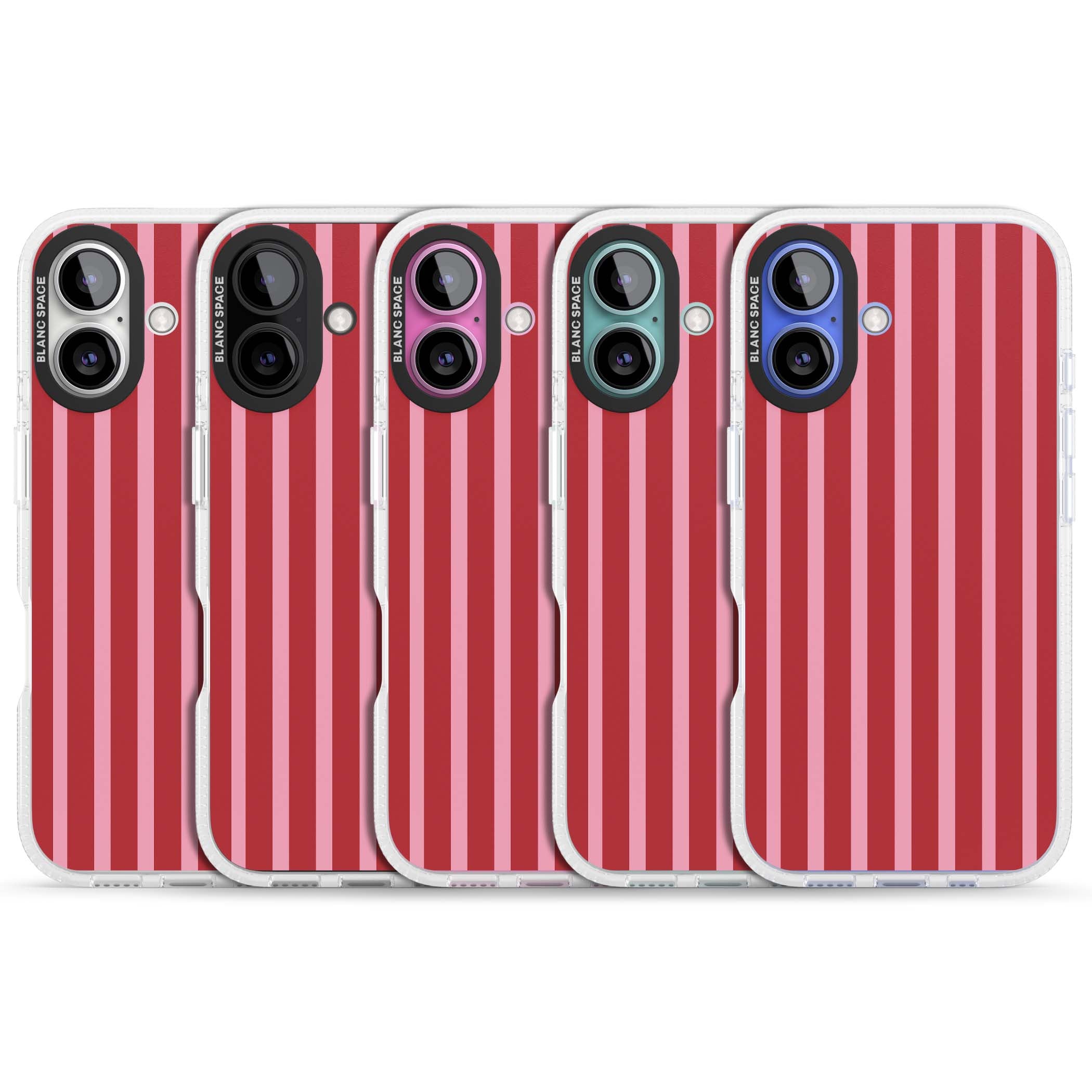 Raspberry Stripe coquette iPhone case featuring red and pink vertical stripes in a candy-inspired pattern | Clear Case Impact Air case for iPhone 16, iPhone 16 Plus
