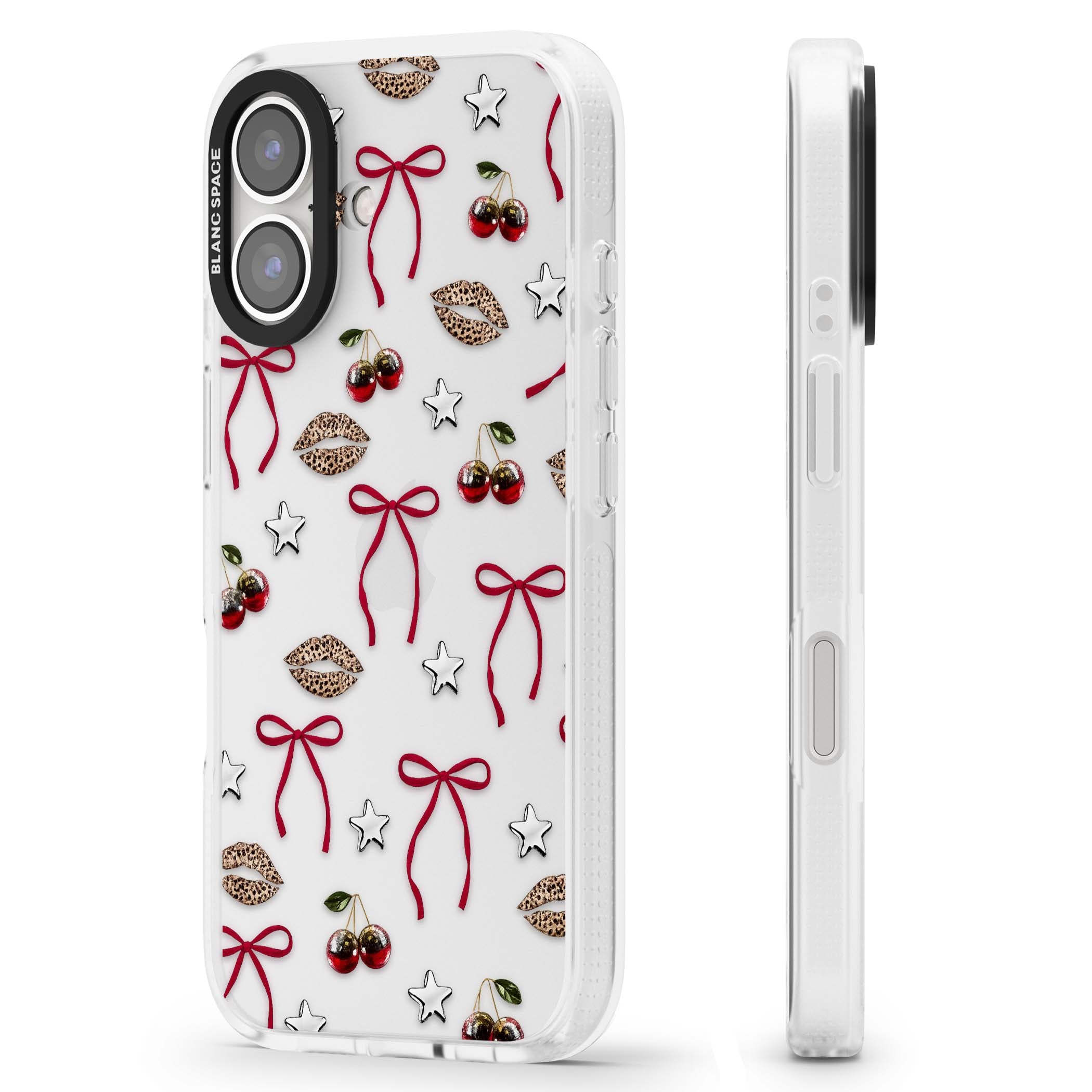Starlet coquette iPhone case featuring red ribbon bows, disco cherries and leopard-print lips | Clear Case Impact Air case for iPhone 16, iPhone 16 Plus