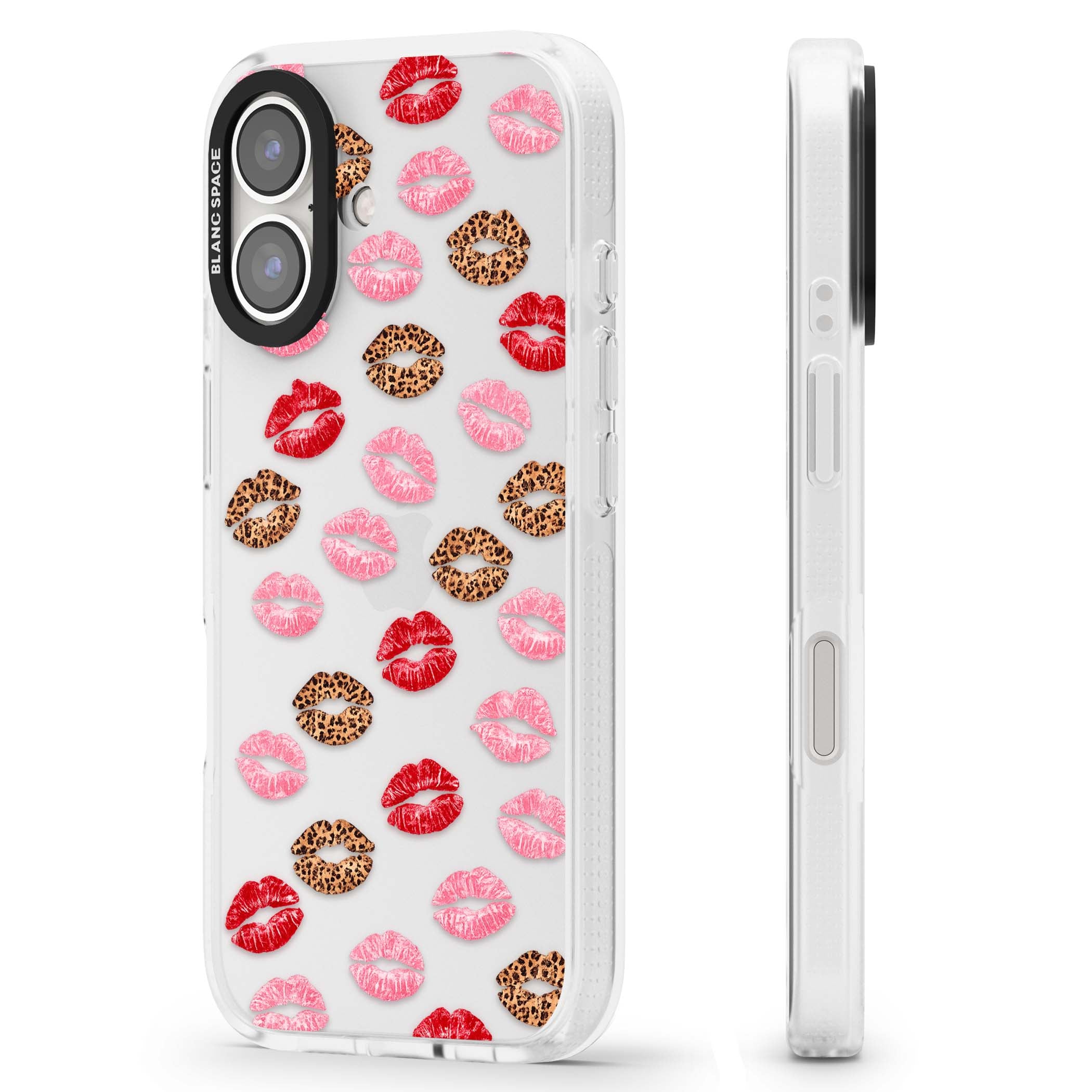 Wild Kisses coquette iPhone case featuring red, pink and leopard print lipstick kiss marks on a clear background | Clear Case Impact Air case for iPhone 16, iPhone 16 Plus
