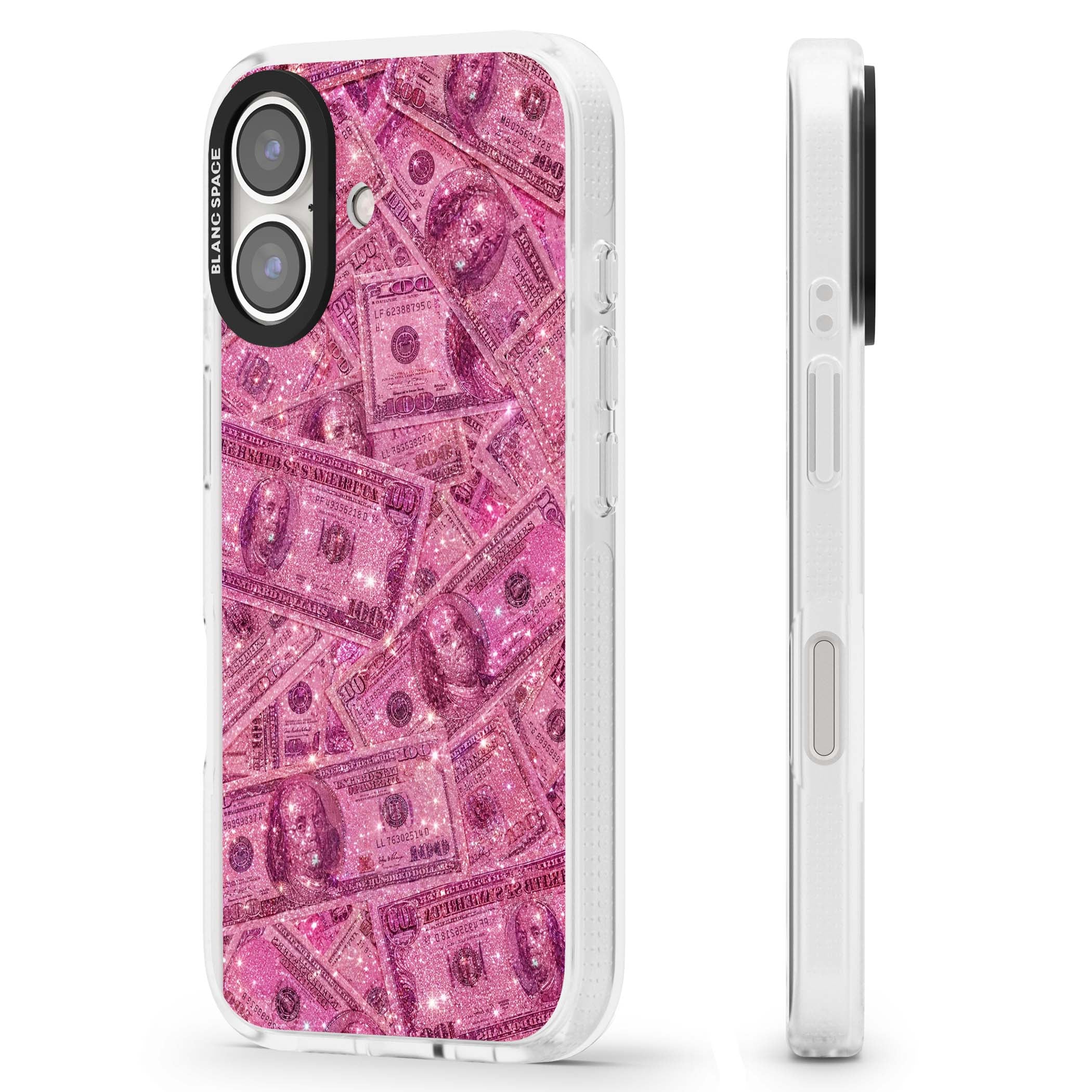 Glamorous baddie iPhone case featuring pink glitter hundred dollar bills and sparkling money wallpaper design | Clear Case Impact Air case for iPhone 16, iPhone 16 Plus