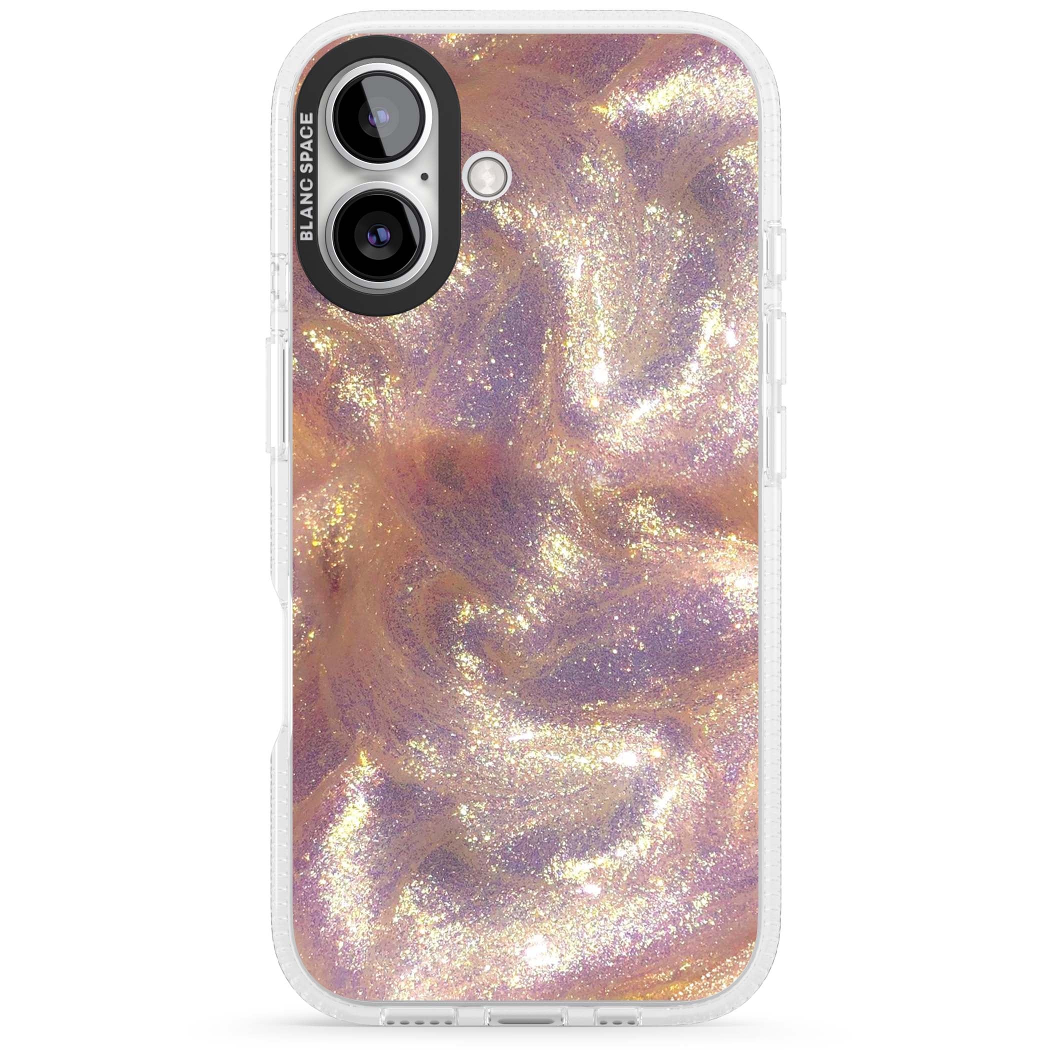 Shimmer marble iPhone case featuring rose gold glitter swirls, lilac shimmer and iridescent pearl finish | Clear Case Impact Air case for iPhone 16, iPhone 16 Plus