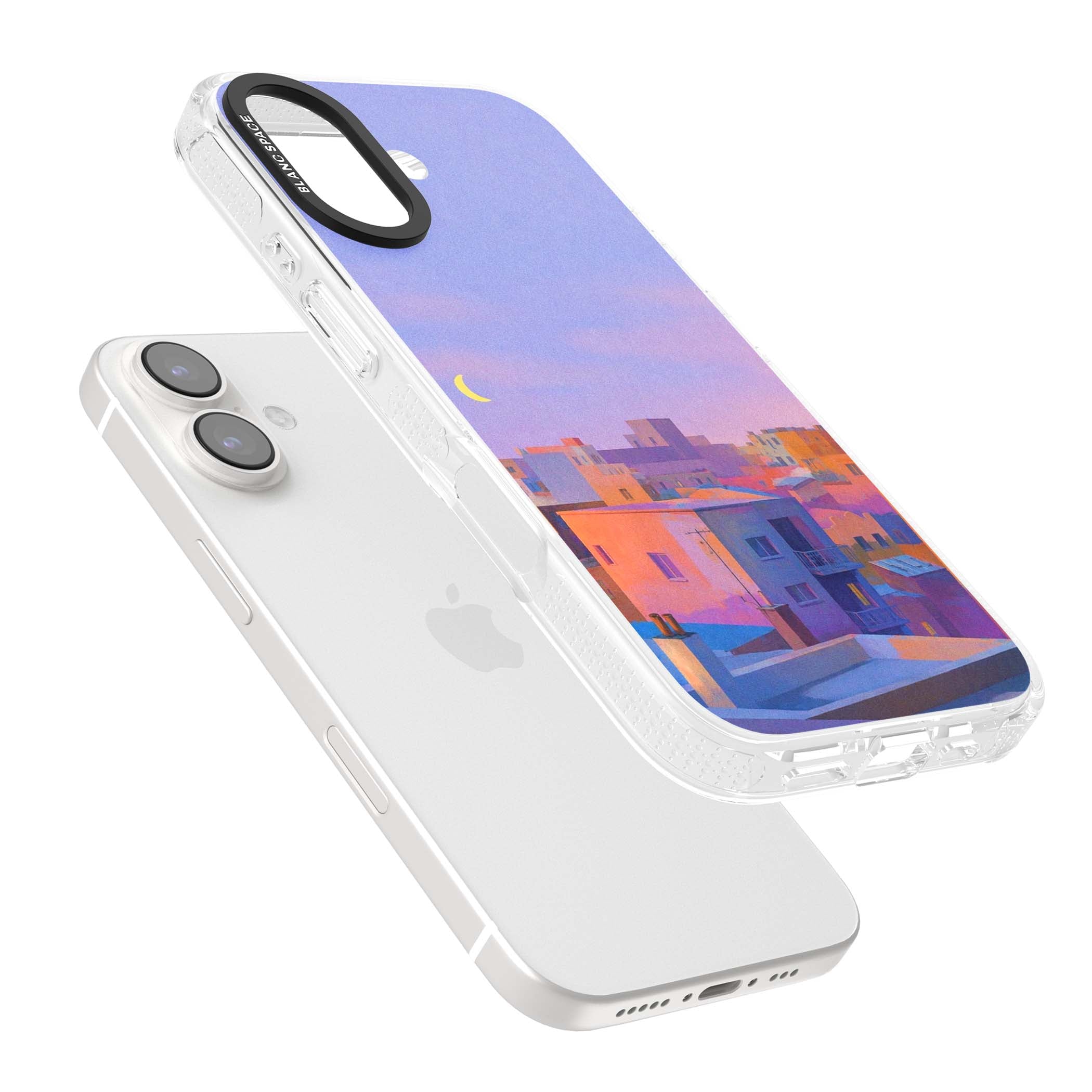 Twilight Rooftops vaporwave iPhone case featuring a pastel sunset cityscape, painted rooftops and a crescent moon. | Clear Case Impact Air case for iPhone 16, iPhone 16 Plus