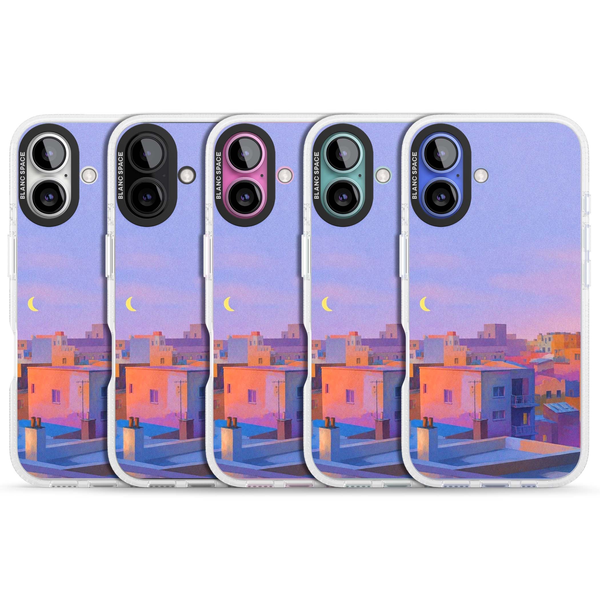 Twilight Rooftops vaporwave iPhone case featuring a pastel sunset cityscape, painted rooftops and a crescent moon. | Clear Case Impact Air case for iPhone 16, iPhone 16 Plus