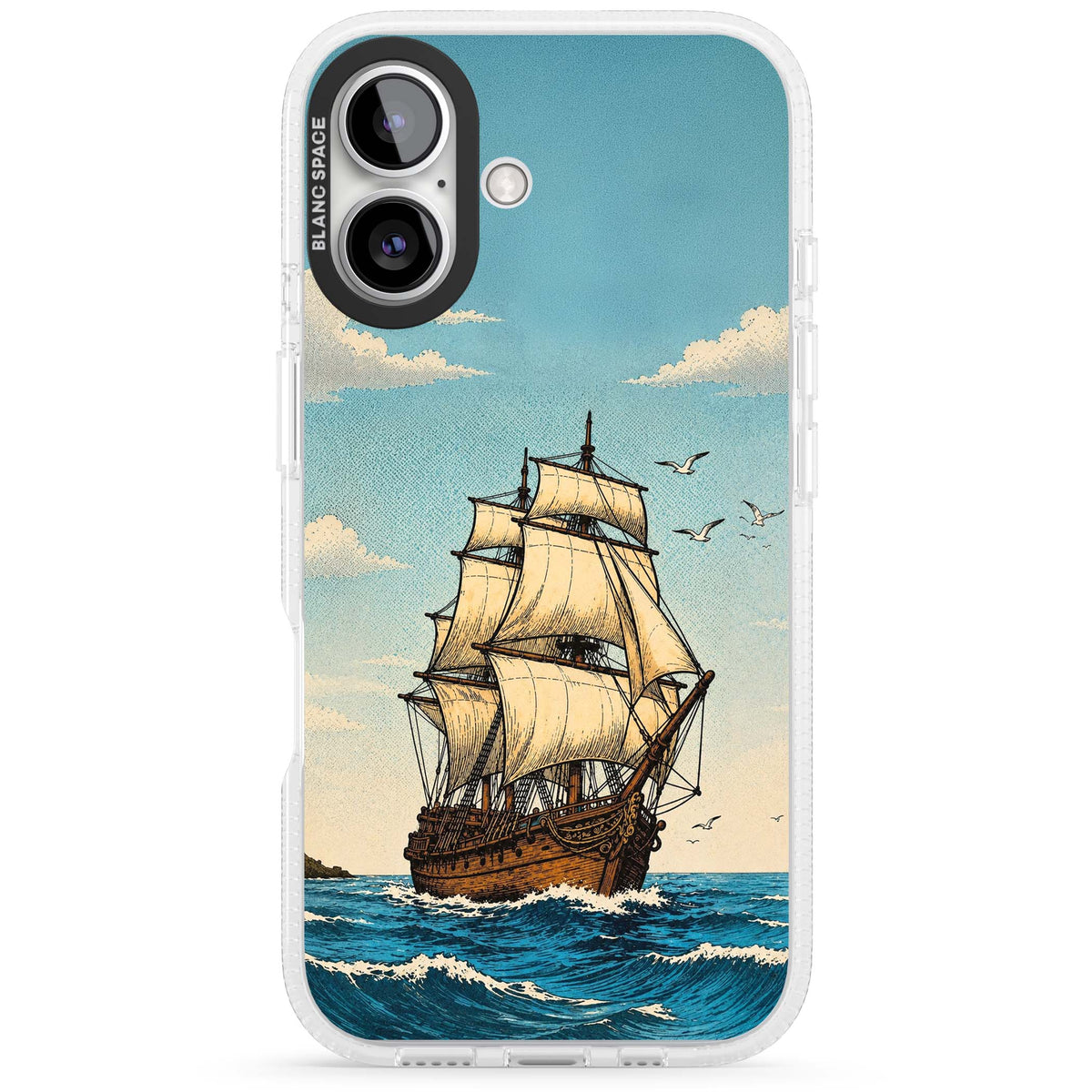Ship at Sea nautical iPhone case featuring a vintage tall ship, ocean waves and seagulls | Clear Case Impact Air case for iPhone 16, iPhone 16 Plus