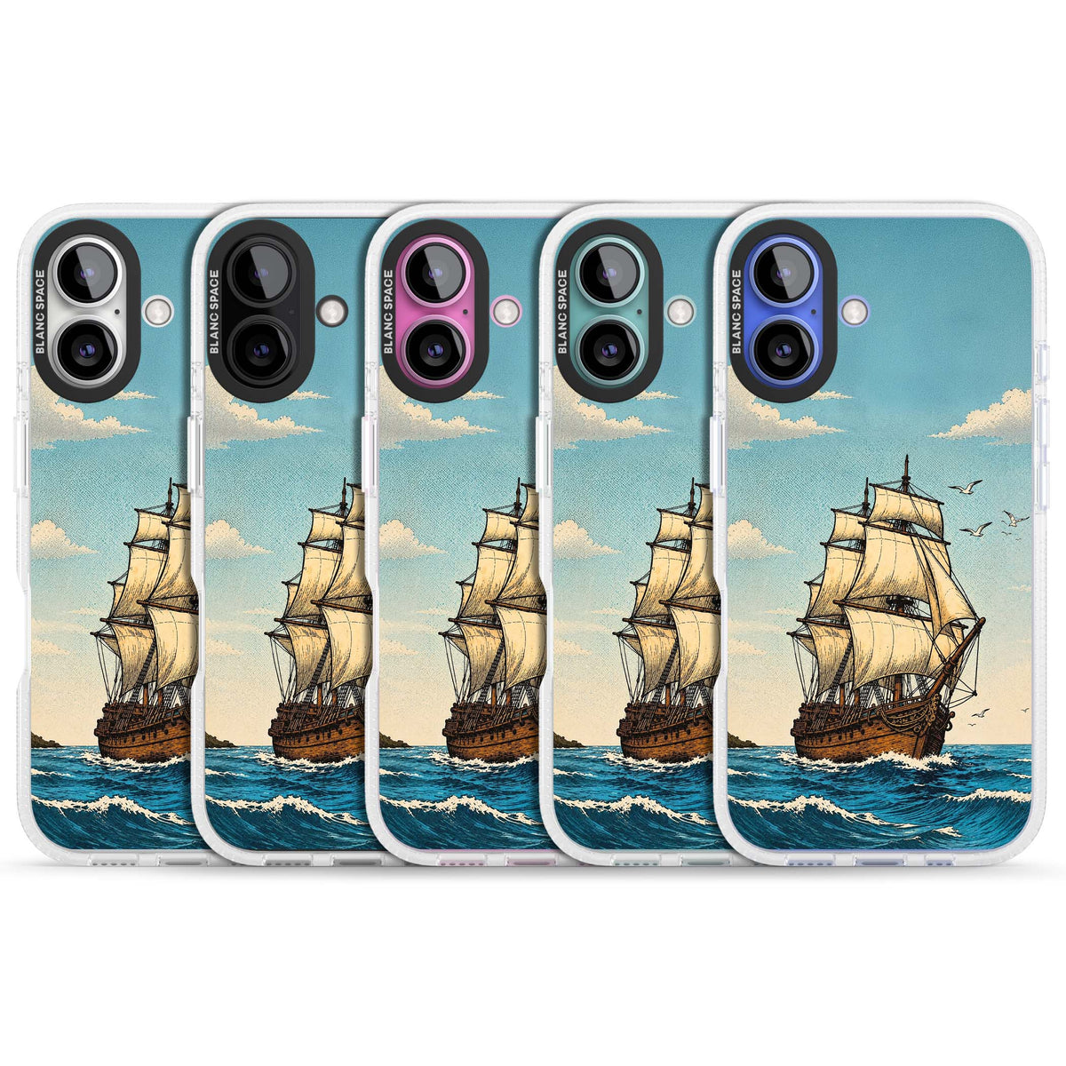 Ship at Sea nautical iPhone case featuring a vintage tall ship, ocean waves and seagulls | Clear Case Impact Air case for iPhone 16, iPhone 16 Plus