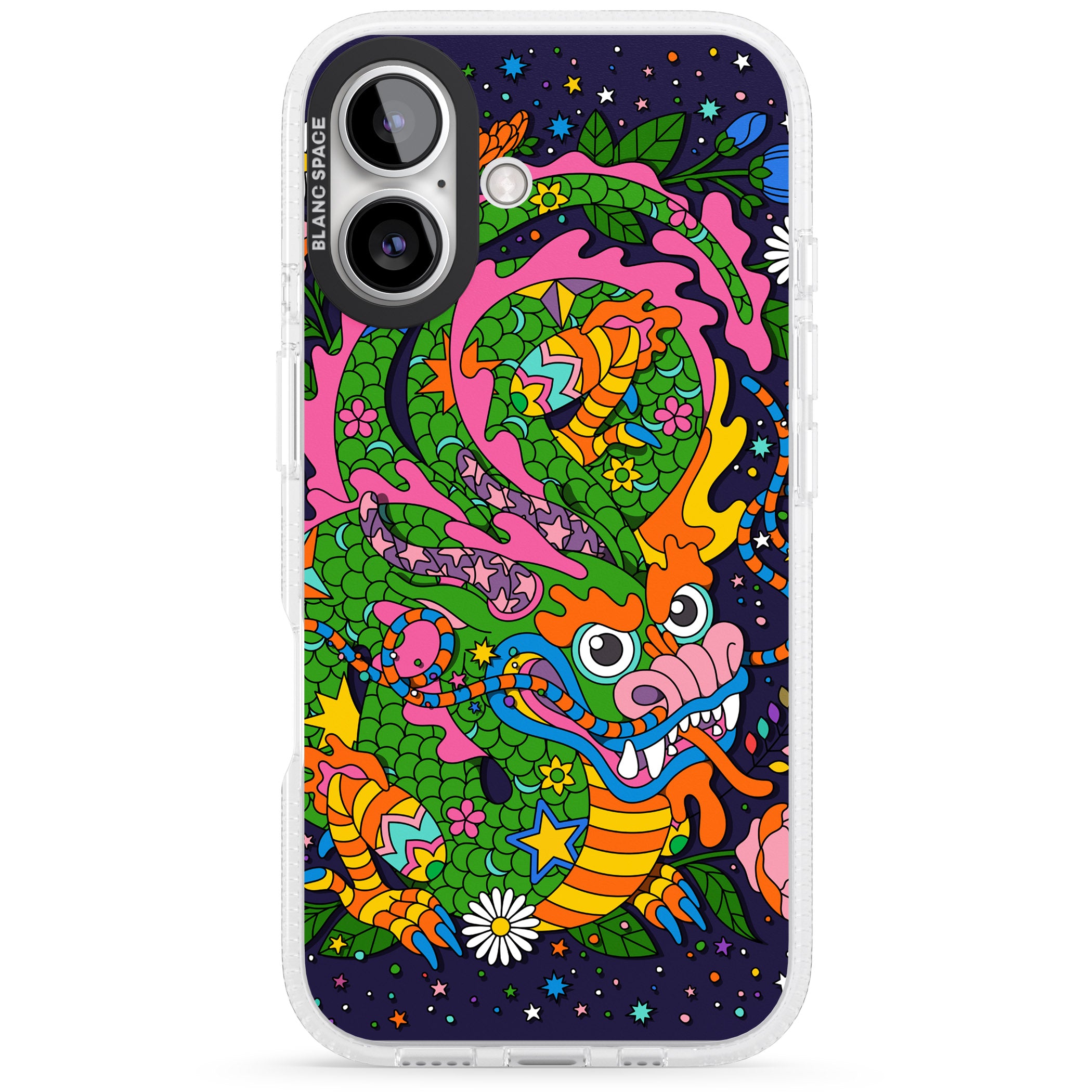 Psychedelic Jungle Dragon (Purple) iPhone 16 / 16 Plus Clear Case Impact Air - Blanc Space