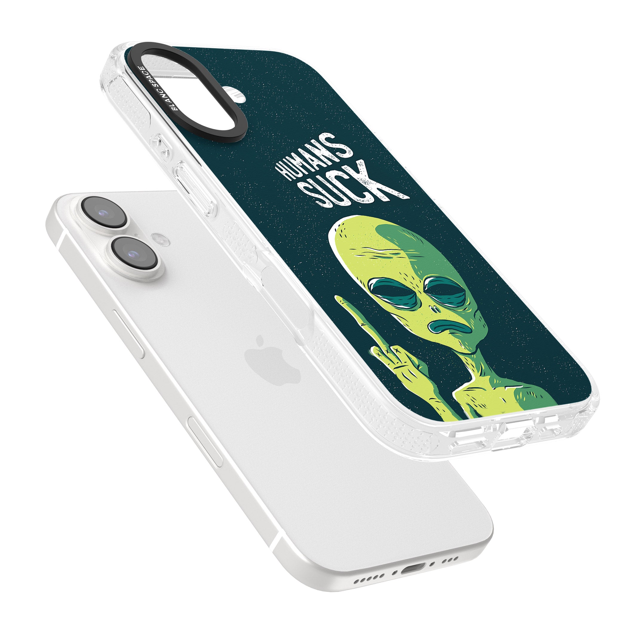 Humans Suck Alien iPhone 16 / 16 Plus Clear Case Impact Air - Blanc Space
