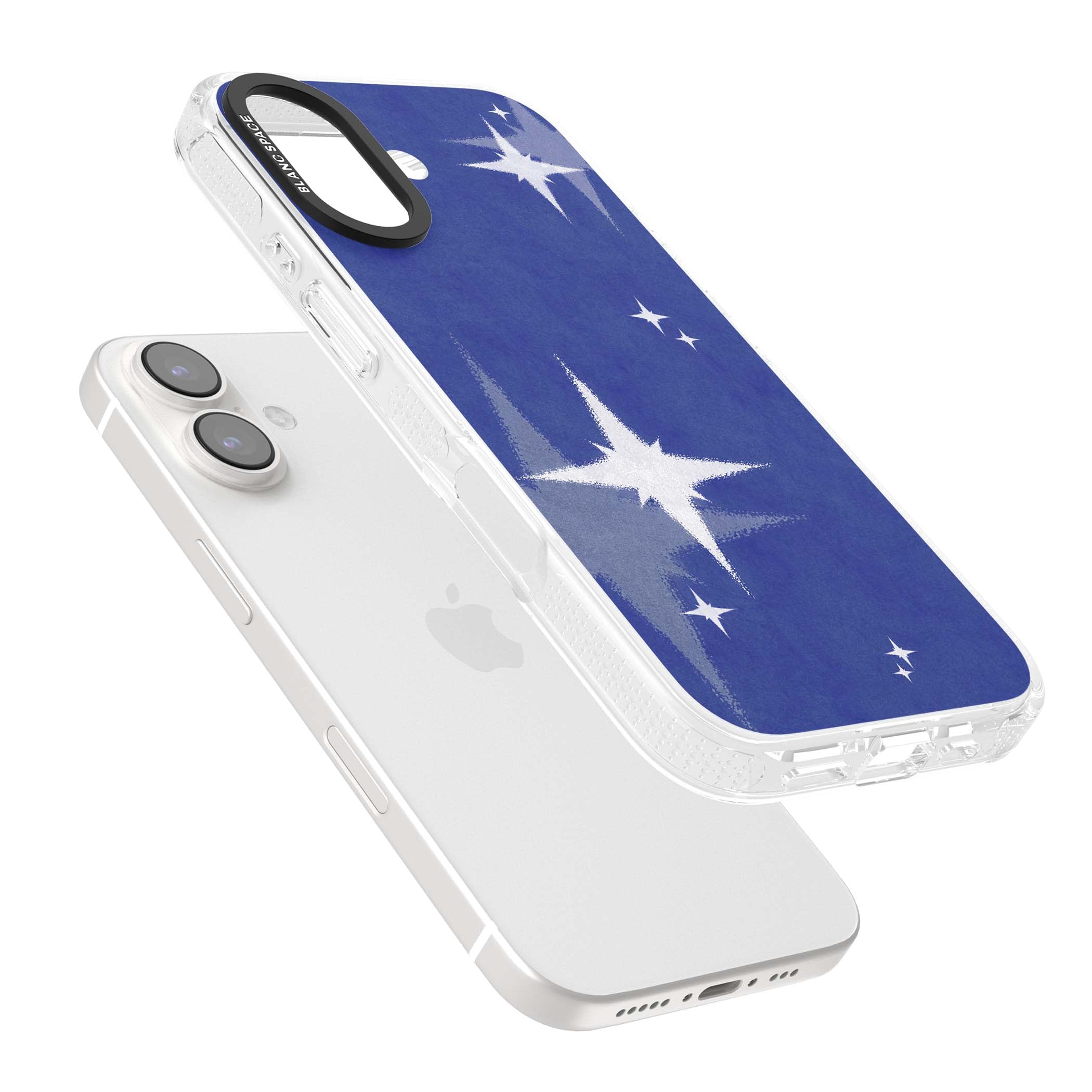 Blue Sparkle celestial iPhone case featuring sparkling silver stars on a deep blue painterly night sky | Clear Case Impact Air case for iPhone 16, iPhone 16 Plus
