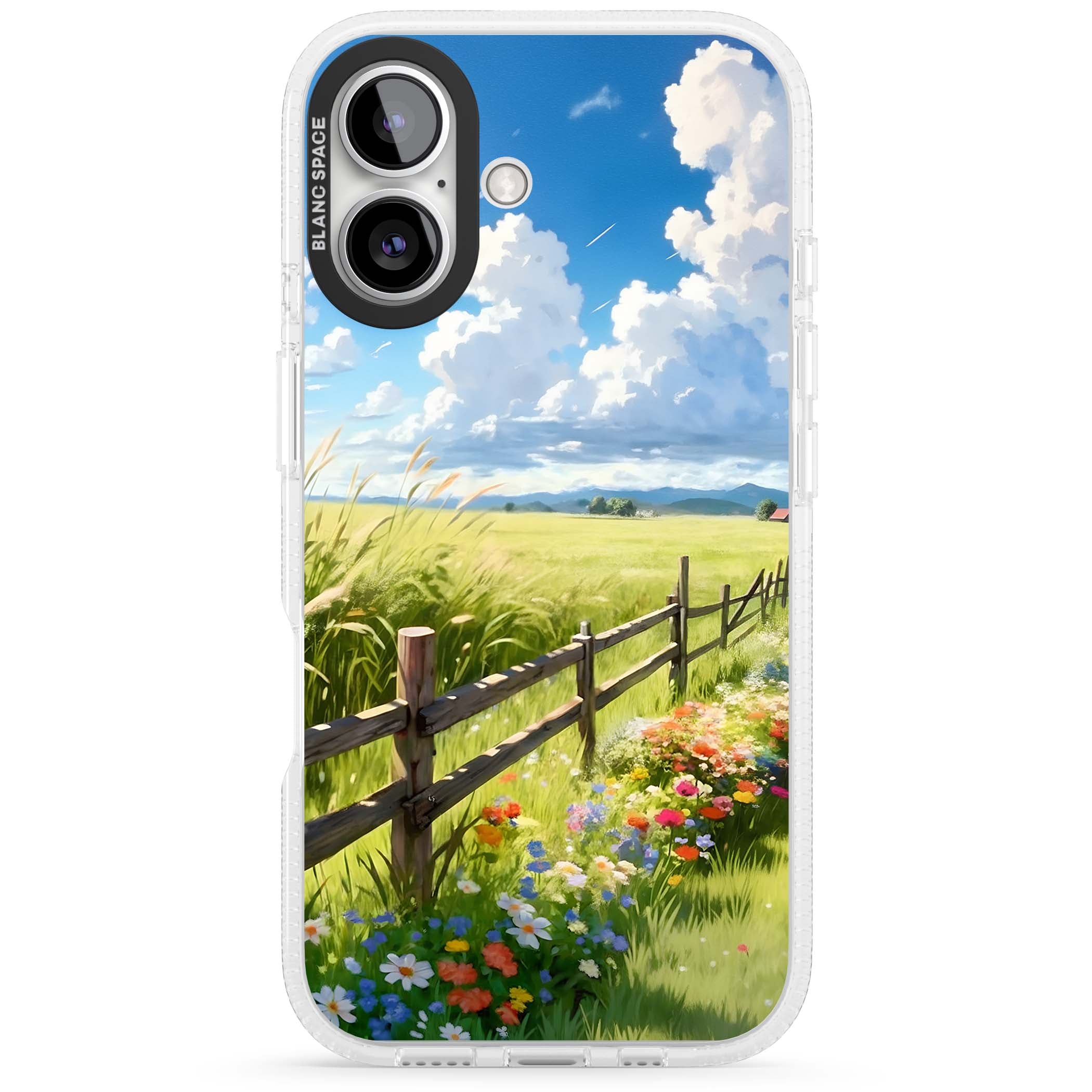 A Countryside Afternoon cottagecore iPhone case featuring a painted countryside meadow, wooden fence, and wildflowers beneath | Clear Case Impact Air case for iPhone 16, iPhone 16 Plus